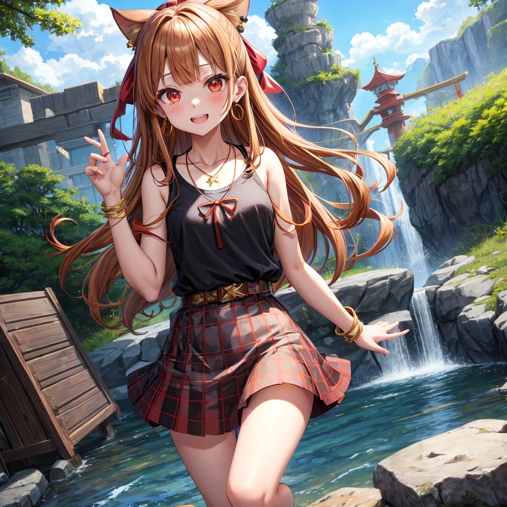 Brown, red, gold, golden hair、Red eyes、One good looking girl、solo、anime、Checkered mini skirt、Black camisole、Black T-shirt、hoodie、Wearing a ribbon、Ribbon on waist、Crystal Earrings、Gemstone Necklace、Light and shadow、Tilting face、Teeth are visible、waterfall、Kuroko、tunnel、pylon、Sunset sky、Towering、frilled lizard、light、flash