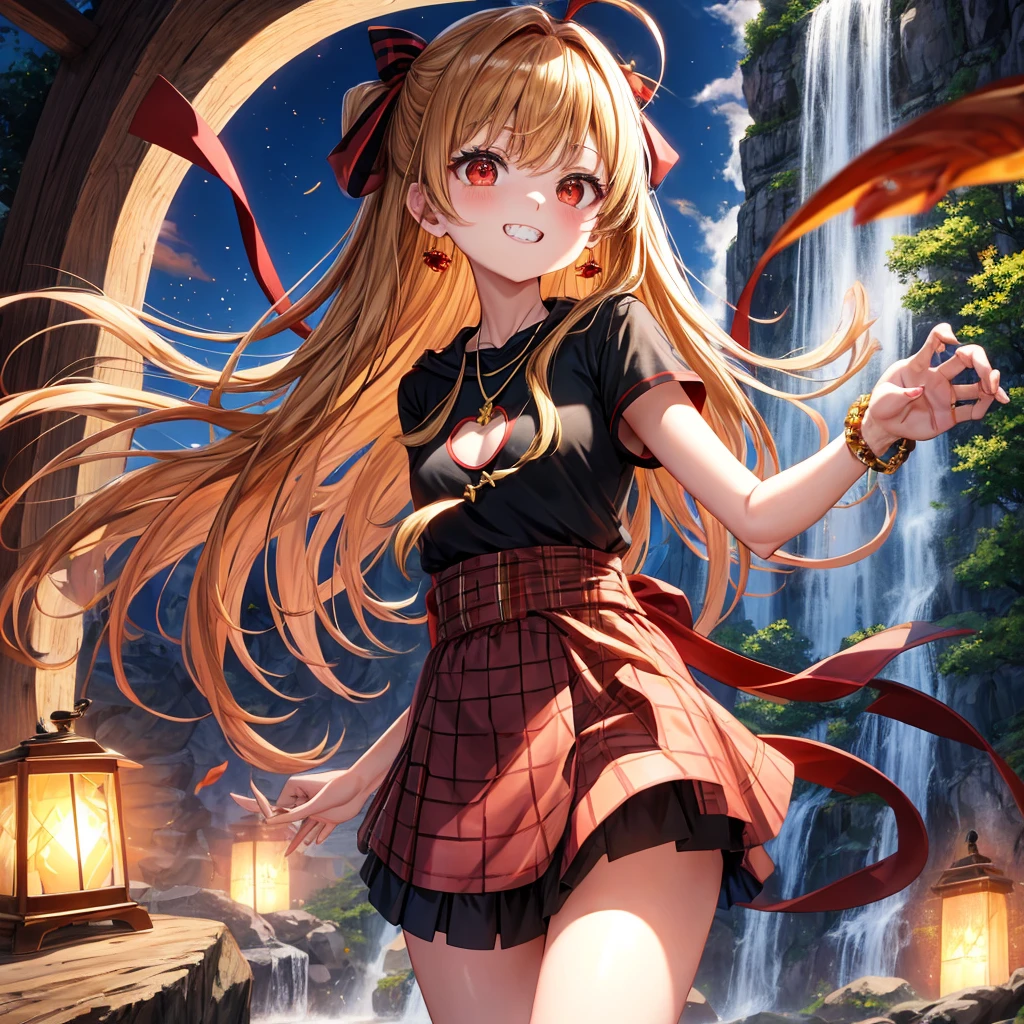Brown, red, gold, golden hair、Red eyes、One good looking girl、solo、anime、Checkered mini skirt、Black camisole、Black T-shirt、hoodie、Wearing a ribbon、Ribbon on waist、Crystal Earrings、Gemstone Necklace、Light and shadow、Tilting face、Teeth are visible、waterfall、Kuroko、tunnel、pylon、Sunset sky、Towering、frilled lizard、light、flash