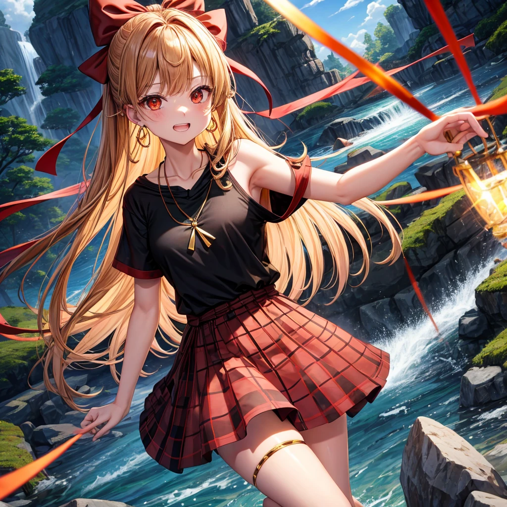 Brown, red, gold, golden hair、Red eyes、One good looking girl、solo、anime、Checkered mini skirt、Black camisole、Black T-shirt、hoodie、Wearing a ribbon、Ribbon on waist、Crystal Earrings、Gemstone Necklace、Light and shadow、Tilting face、Teeth are visible、waterfall、Kuroko、tunnel、pylon、Sunset sky、Towering、frilled lizard、light、flash