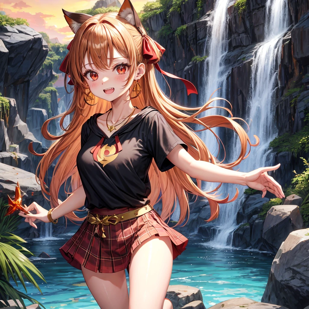 Brown, red, gold, golden hair、Red eyes、One good looking girl、solo、anime、Checkered mini skirt、Black camisole、Black T-shirt、hoodie、Wearing a ribbon、Ribbon on waist、Crystal Earrings、Gemstone Necklace、Light and shadow、Tilting face、Teeth are visible、waterfall、Kuroko、tunnel、pylon、Sunset sky、Towering、frilled lizard、light、flash