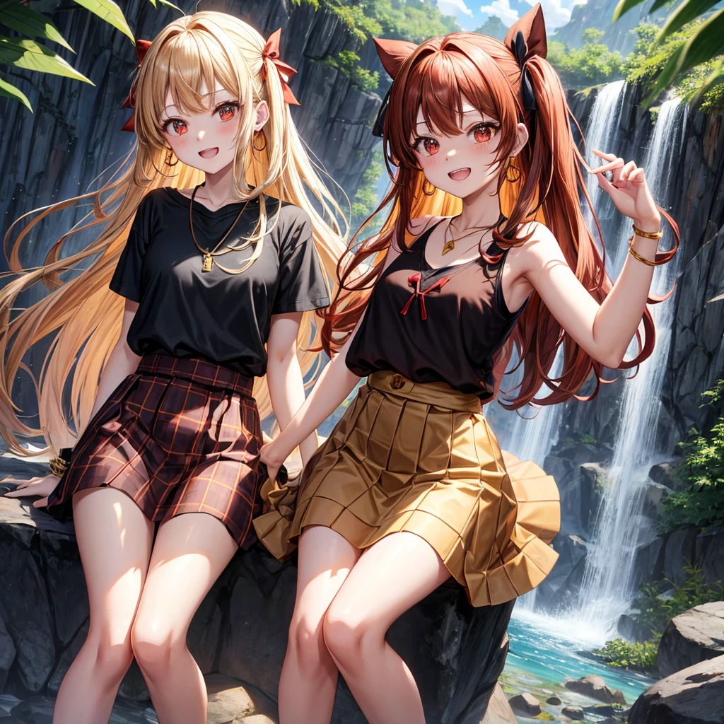 Brown, red, gold, golden hair、Red eyes、One good looking girl、solo、anime、Checkered mini skirt、Black camisole、Black T-shirt、hoodie、Wearing a ribbon、Ribbon on waist、Crystal Earrings、Gemstone Necklace、Light and shadow、Tilting face、Teeth are visible、waterfall、Kuroko、tunnel、pylon、Sunset sky、Towering、frilled lizard、light、flash