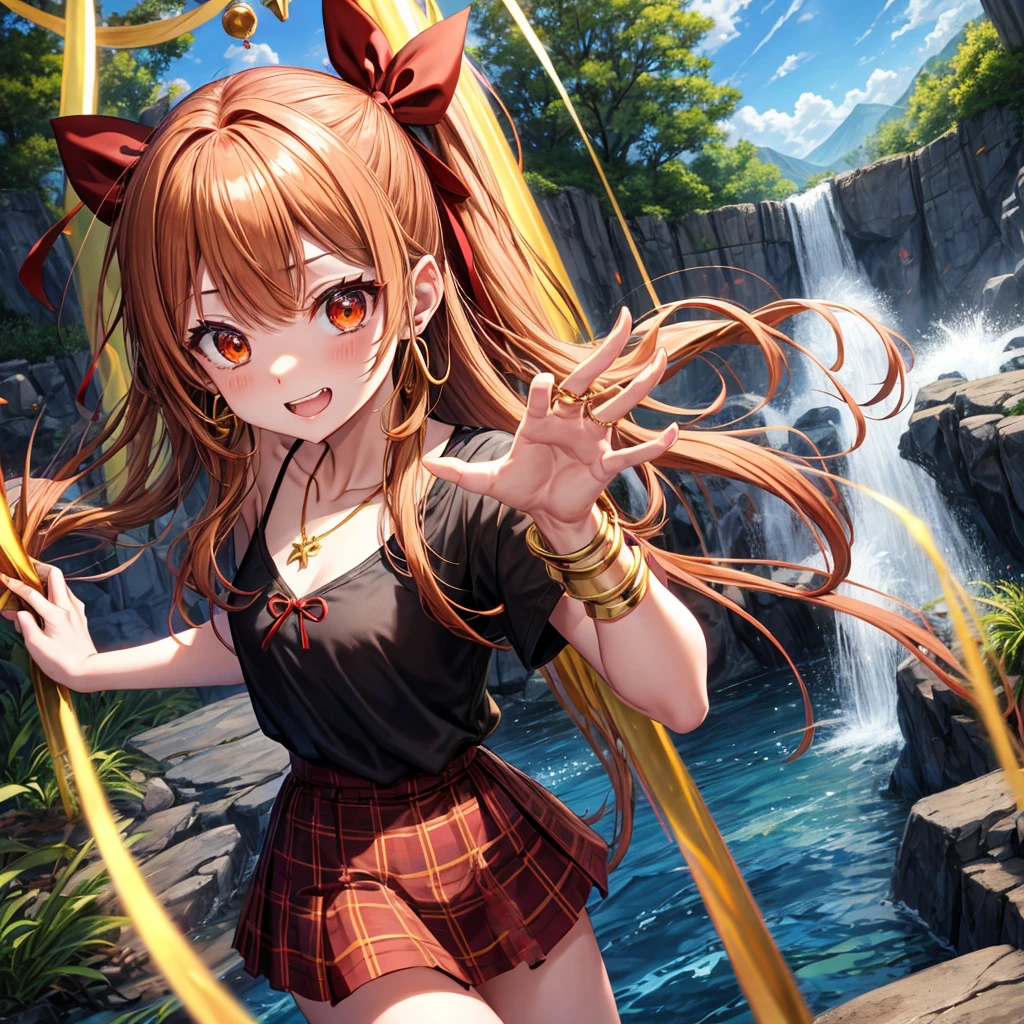 Brown, red, gold, golden hair、Red eyes、One good looking girl、solo、anime、Checkered mini skirt、Black camisole、Black T-shirt、hoodie、Wearing a ribbon、Ribbon on waist、Crystal Earrings、Gemstone Necklace、Light and shadow、Tilting face、Teeth are visible、waterfall、Kuroko、tunnel、pylon、Sunset sky、Towering、frilled lizard、light、flash