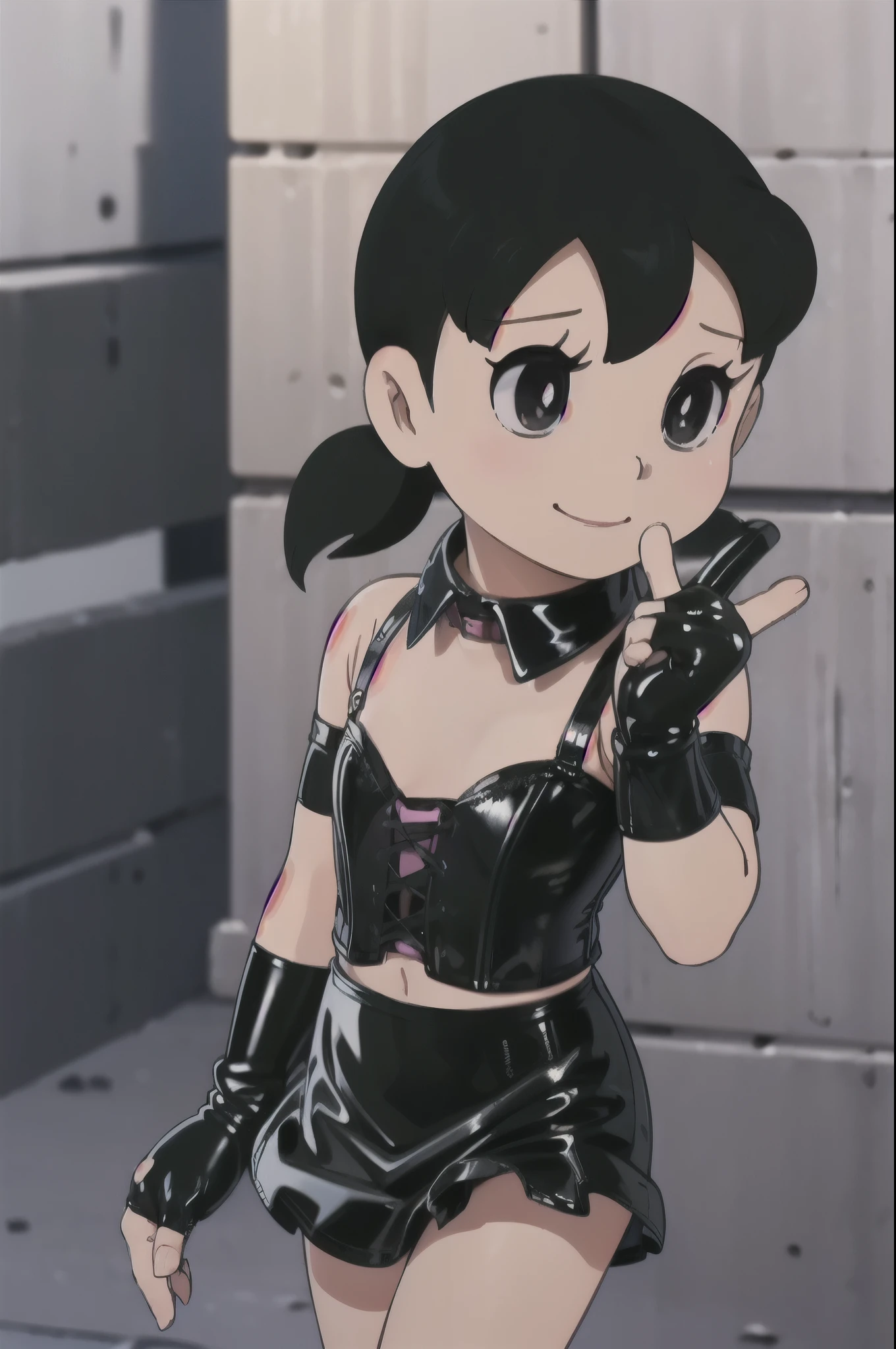 (((chibi)))、(((Lori)))、(((low length)))、(((Child body type)))、Slightly chubby、BDSM、Queen、mistress、One girl、solo、(((Long gloves covered to the fingertips in black latex:1.4 )))、(((Black latex corset dress:1.4)))、(((The corset dress is decorated with beautiful lace.)))、(((corset dress with shoulder straps)))、(((Black latex tight mini skirt:1.4)))、(((Black Thigh Boots)))、Stiletto heels、(((Black latex panties)))、(((Black latex bra)))、(((Black leather collar)))、(((Sexy pose)))、Wide-open legs、(((Erotic)))、(((Cowboy Shot)))、Minamoto Shizuka、Black hair in two ponytails、One Girl、Watching the audience、Wicked Smile