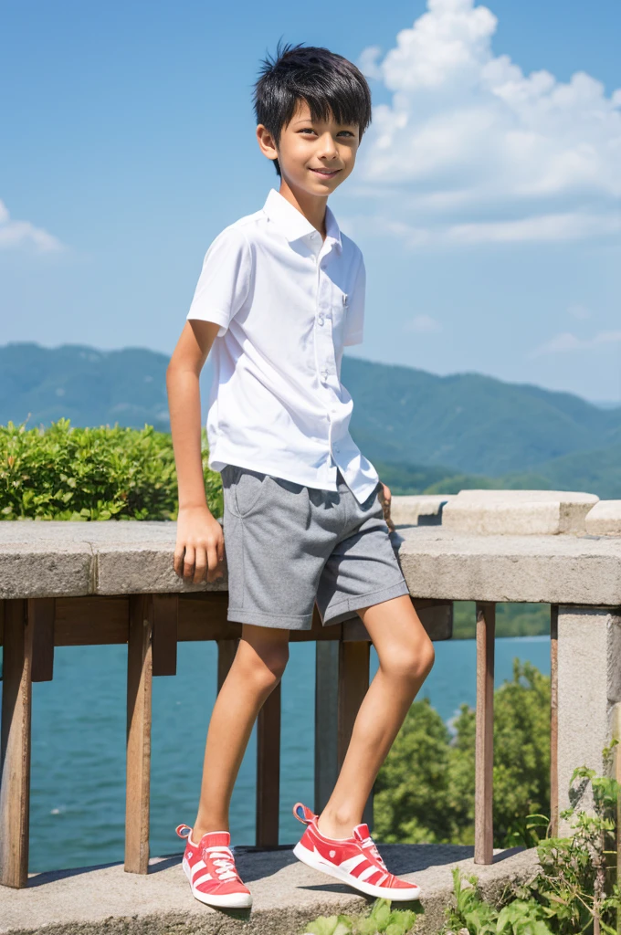 A tanned 11-year-old Japanese boy modeling for a full-body photo shoot in shorts during summer vacation