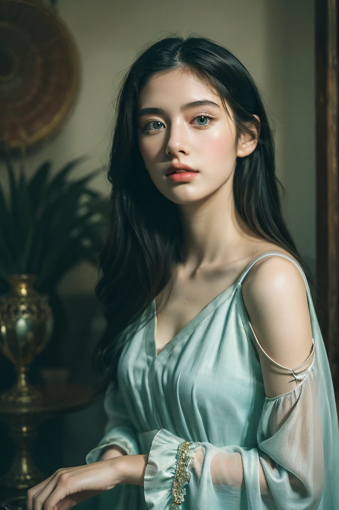 ( masterpiece, top quality, best quality,8k, girl,ultra detailed,raw photo:1.5),(photorealistic:1.4), (cinematic lighting), PerfectNwsjMajic, , Surrealism, UHD, ccurate, Super detail, textured skin, High detail, Best quality, dynamic angle, White skin,[Beautiful blue eyes], high nose,[flat chest:large breasts:0.5],(1girl),(good anatomy:0.5)), Dreamy atmosphere, Dark,expressive brush strokes, mystical ambiance, Artistic interpretation, Stunning Studio Ghibli style costumes, a whimsical illustration, Subtle colors and tones, mystical aura,straight face 