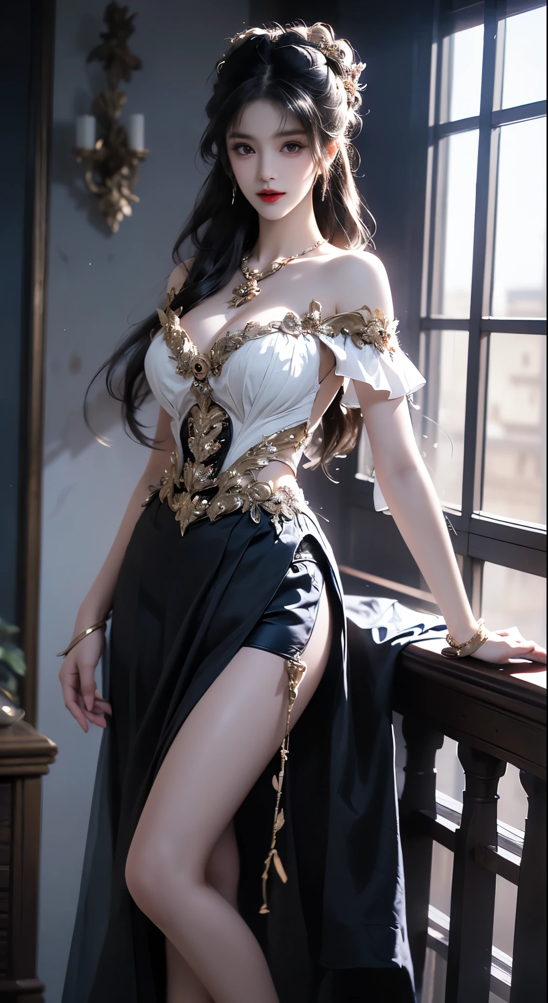elaborate Hanfu, ((Bare shoulders)), ((Full breasts)), ((The skirt is short)), ((Sexy legs)), ((whole body)), Practical, Fashion girl, Red lips, Mature women, Exquisite makeup, big eyes, beautiful, (best quality, masterpiece:1.2), Ultra Detailed, (Practical:1.37), ((Random scenes, Random shooting angles)), ((Sexy long legs)), Young and energetic, Charming model, (Delicateeyes, Delicate lips), Show a bright smile, Create stunning girl images, warm color, Very high color saturation, Official Art, Extremely detailed CG, Unity 8K Wallpaper, (High Dynamic Range :1.4), (Movie atmosphere),(Soft colors), (Natural skin texture, ultra-Practical, Soft Light, sharp),(Very detailed), night, moonlight