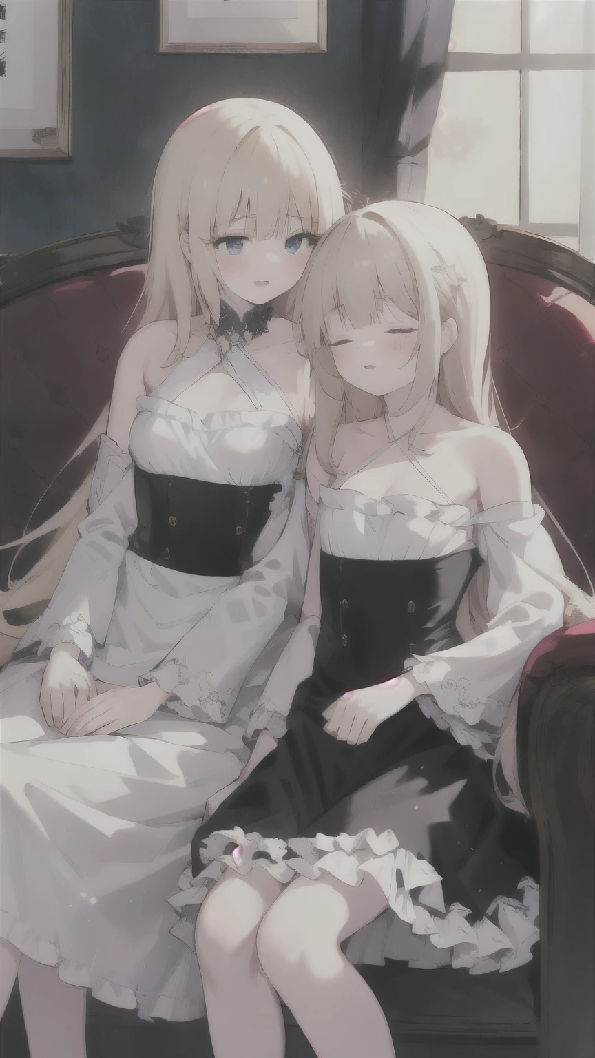 lily。highest quality。Masterpiece。Perfect Face。Two Girls。Platinum blonde long hair。A gorgeous maid costume with frills。The two of them are sleeping side by side on the sofa。Hand in hand。In the background, there is an antique interior with soft sunlight streaming in..。