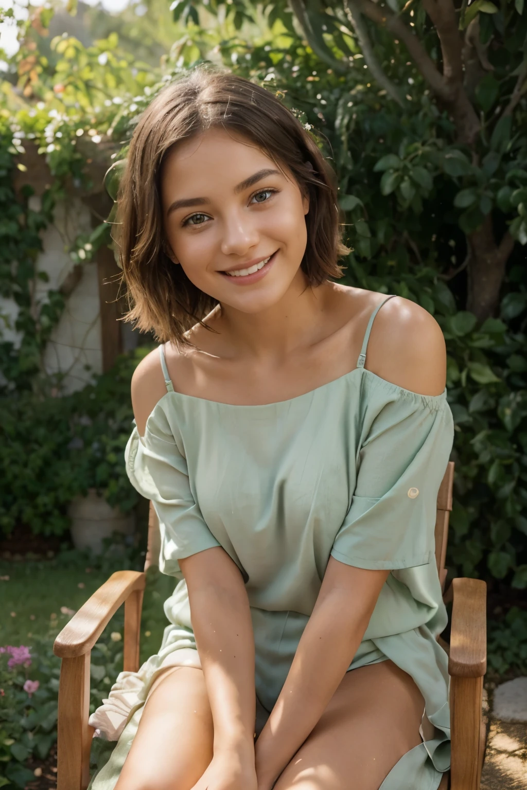 Picture prompt: A captivating photograph of a young girl with short olive-toned hair cascading down to her shoulders, brilliantly beautiful eyes radiating warmth and happiness, gently wearing soft-toned clothing that blends seamlessly with her natural surroundings. She sits gracefully in a garden chair, her expression radiant with contentment as she smiles, inviting all to partake in her moment of pure joy.

(High definition, Ultra detailed: 1.1), Outdoor portrait, natural environment, shallow depth of field, vibrant skin, olive complexion, (pastel colors: 1.2), Garden setting, garden chairs, lush greenery, flowers, dappled