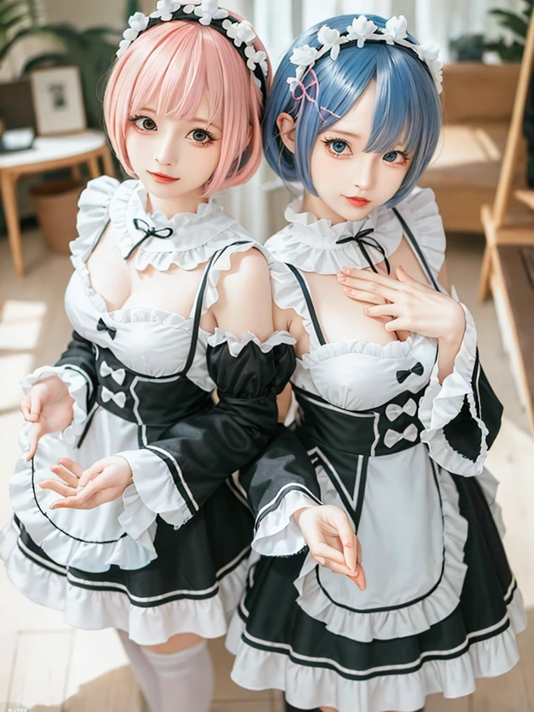 (8K, Photorealistic, Raw photo, of the highest quality: 1.3), (1girl in), Super beautiful, (Realistic face), (boyish, pink Color Berry Shorthair), Beautiful , Glare that captivates the viewer, Beautiful expression, Beautiful breasts, (Realistic skin), Be...Create a detailed and colorful image of Ram and Rem from Re:Zero, standing back-to-back in their maid outfits, with a magical fantasy background、14years old, two girls,cute, perfect face, beautiful, nice body, gothic lolita clothes, gothic lolita fashion, frilly skirt, headdress, necklace, bracelet, knee-high socks, boots, double eyelids, tear bags, Detailed down to the fingers, photo-like description, indoors, dim indoor lighting, one girl is pink hair and short bob, another girl is light blue hair and short bob,standing,whole body, composition that shows the whole body, smiling,The Both of them are wearing the same type of maid outfit,Optimal ratio of 4 fingers and 1 thumb