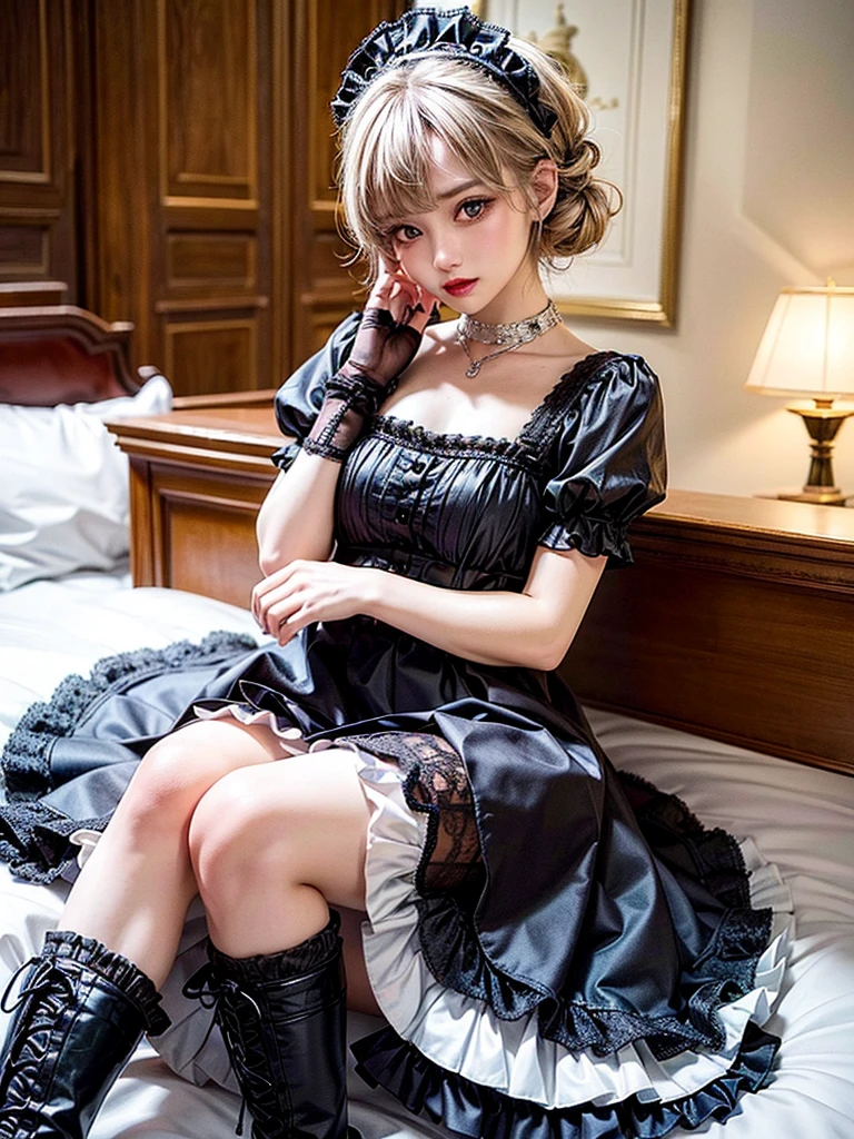 (8K, Photorealistic, Raw photo, of the highest quality: 1.3), (1girl in), Super beautiful, (Realistic face), (boyish, Silver Color Berry Shorthair), Beautiful , Glare that captivates the viewer, Beautiful expression, Beautiful breasts, (Realistic skin), Be...Super high quality, super high definition, super detailed, masterpiece, 20years old, female, cute, perfect face, beautiful, nice body, gothic lolita clothes, gothic lolita fashion, frilly skirt, headdress, necklace, bracelet, knee-high socks, boots, double eyelids, tear bags, Detailed down to the fingers, photo-like description, indoors, dim indoor lighting, blonde hair, short bob, standing, whole body, composition that shows the whole body, smiling