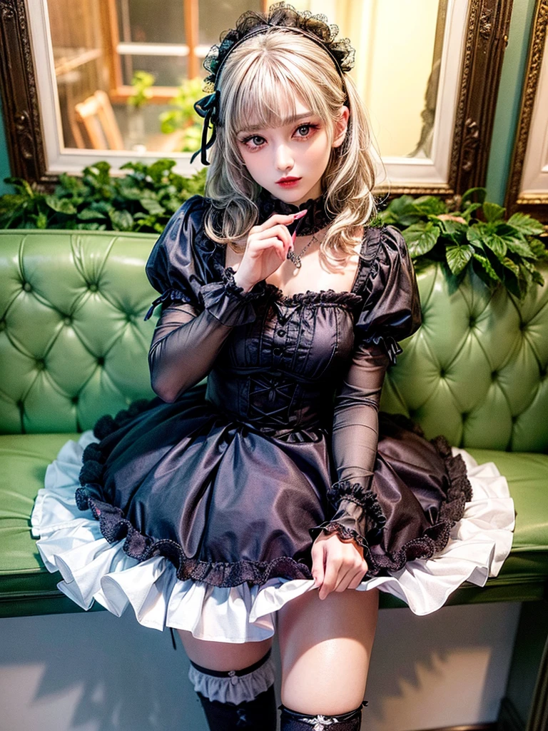 (8K, Photorealistic, Raw photo, of the highest quality: 1.3), (1girl in), Super beautiful, (Realistic face), (boyish, Silver Color Berry Shorthair), Beautiful , Glare that captivates the viewer, Beautiful expression, Beautiful breasts, (Realistic skin), Be...Super high quality, super high definition, super detailed, masterpiece, 20years old, female, cute, perfect face, beautiful, nice body, gothic ta clothes, gothic loliashion, frilly skirt, headdress, necklace, bracelet, knee-high socks, boots, double eyelids, tear bags, Detailed down to the fingers, photo-like description, indoors, dim indoor lighting, blonde hair, short bob, standing, whole body, composition that shows the whole body, smiling
