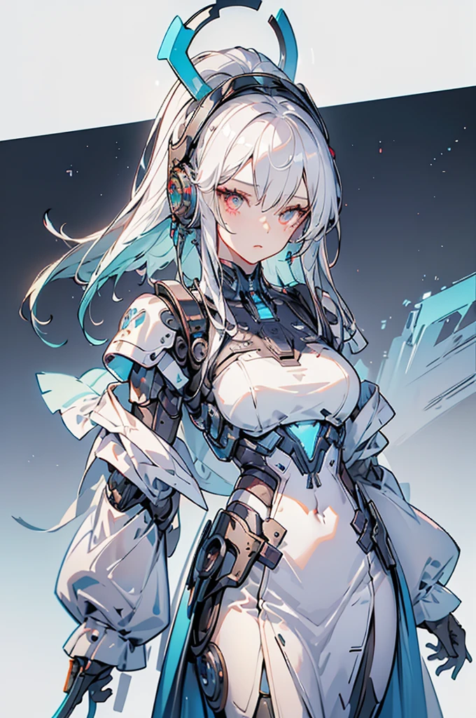 Super detailed 3D rendering porcelain silhouette female cyborg,micro Chip、muscline、Significant exoskeleton armor,sharp,8K high-definition,Surreal cyberpunk theme,Visualize star patterns,White hair shawl,Tall and slender waist,cyan pupils,rifles,Galaxy background,headset on head,Glowing eyes。
