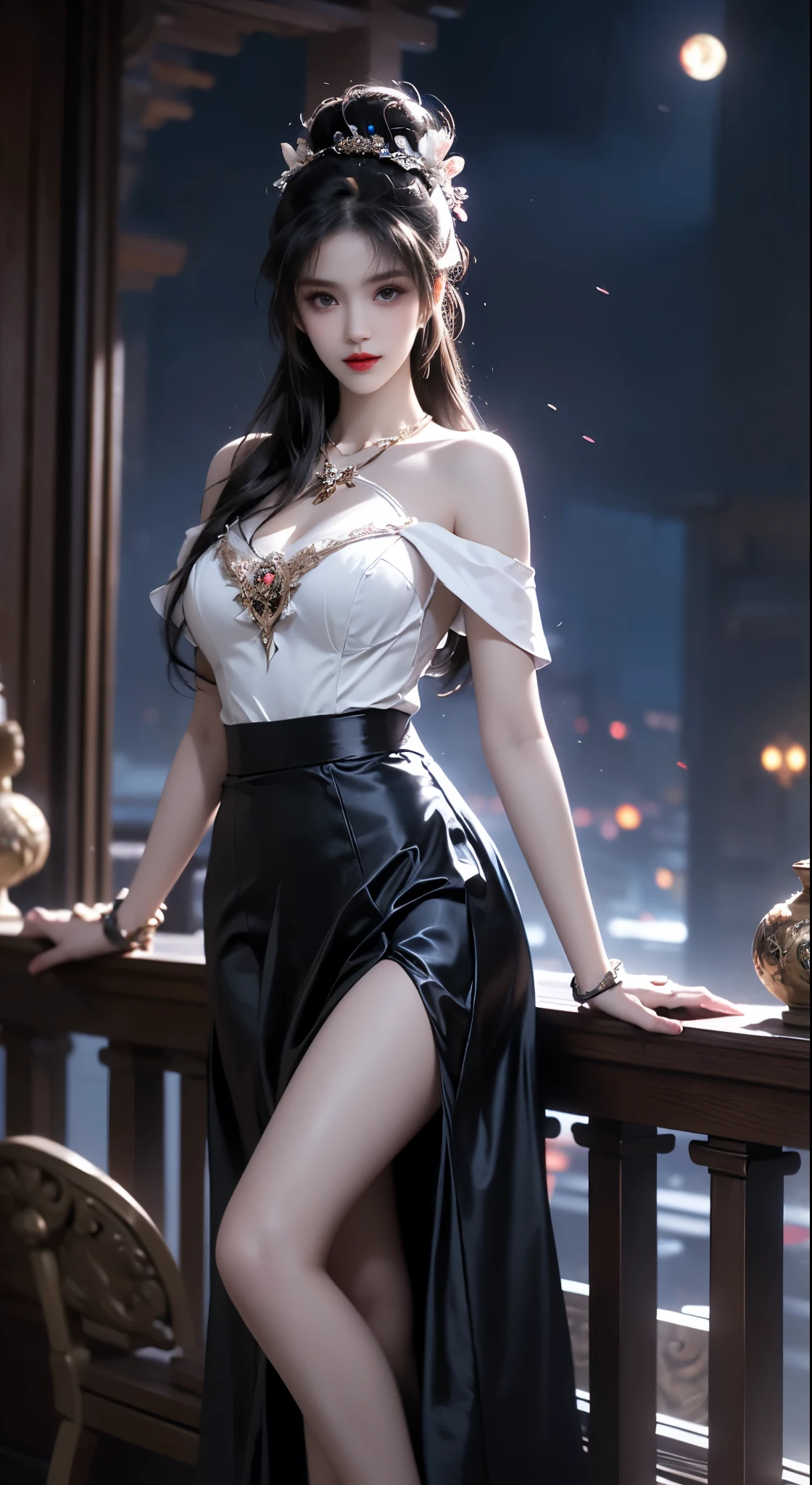 ((Bare shoulders)), ((Full breasts)), ((The skirt is short)), ((Sexy legs)), ((whole body)), Practical, Fashion girl, Red lips, Mature women, Exquisite makeup, big eyes, beautiful, (best quality, masterpiece:1.2), Ultra Detailed, (Practical:1.37), ((Random scenes, Random shooting angles)), ((Sexy long legs)), Young and energetic, Charming model, (Delicateeyes, Delicate lips), Show a bright smile, Create stunning girl images, warm color, Very high color saturation, Official Art, Extremely detailed CG, Unity 8K Wallpaper, (High Dynamic Range :1.4), (Movie atmosphere),(Soft colors), (Natural skin texture, ultra-Practical, Soft Light, sharp),(Very detailed), night, moonlight