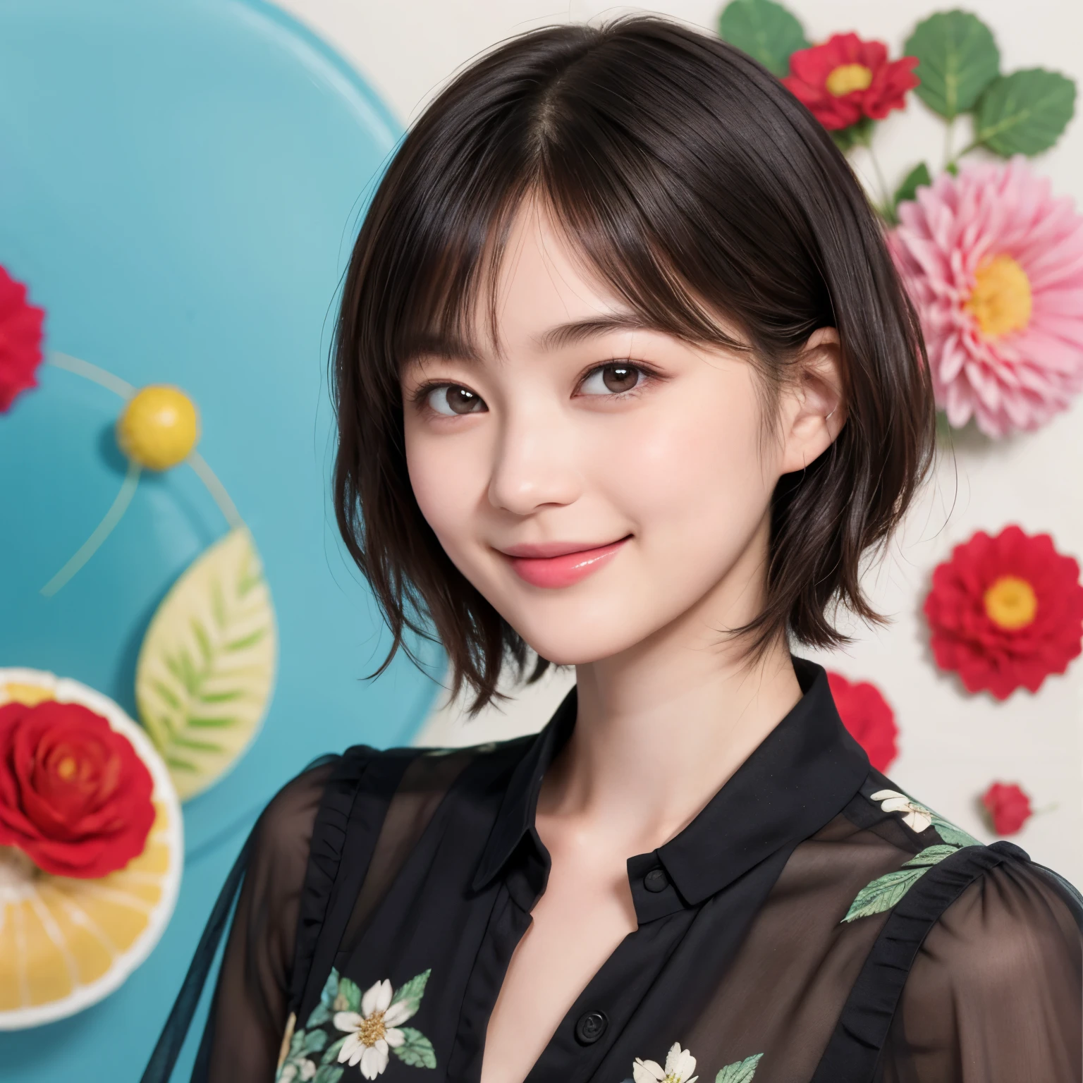 215 Short Hair, 20-year-old woman, A kind smile, Floral