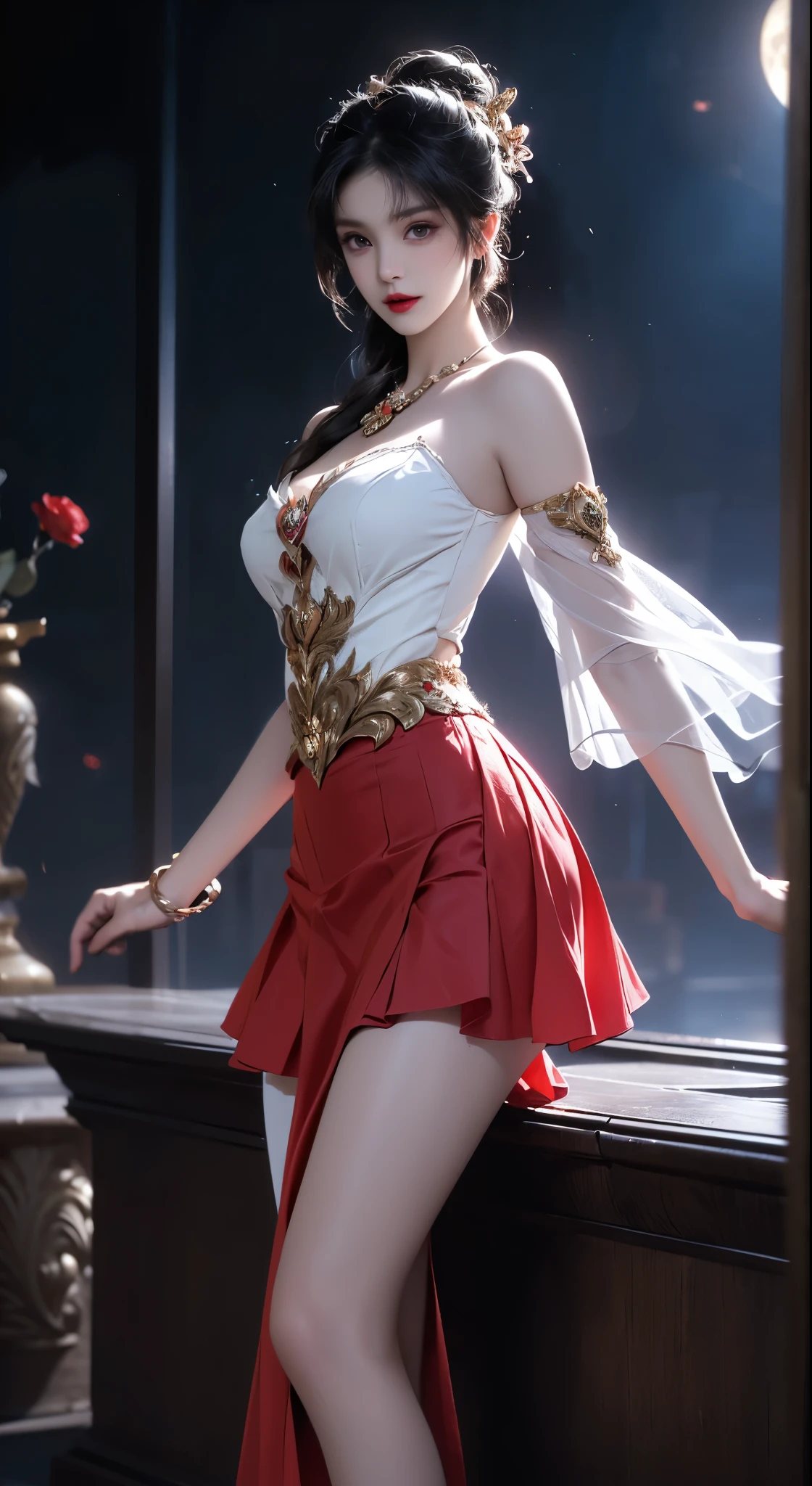 ((Bare shoulders)), ((Full breasts)), ((The skirt is short)), ((Sexy legs)), ((whole body)), Practical, Fashion girl, Red lips, Mature women, Exquisite makeup, big eyes, beautiful, (best quality, masterpiece:1.2), Ultra Detailed, (Practical:1.37), ((Random scenes, Random shooting angles)), ((Sexy long legs)), Young and energetic, Charming model, (Delicateeyes, Delicate lips), Show a bright smile, Create stunning girl images, warm color, Very high color saturation, Official Art, Extremely detailed CG, Unity 8K Wallpaper, (High Dynamic Range :1.4), (Movie atmosphere),(Soft colors), (Natural skin texture, ultra-Practical, Soft Light, sharp),(Very detailed), night, moonlight