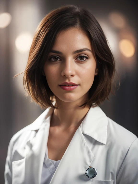 A beautiful 30-year-old girl wearing a white doctor's coat, with brown bob hair and a beautiful face stands in front of a blurred background. The high-resolution image captures every detail of your costume, and cinematic lighting adds depth and drama to the scene.