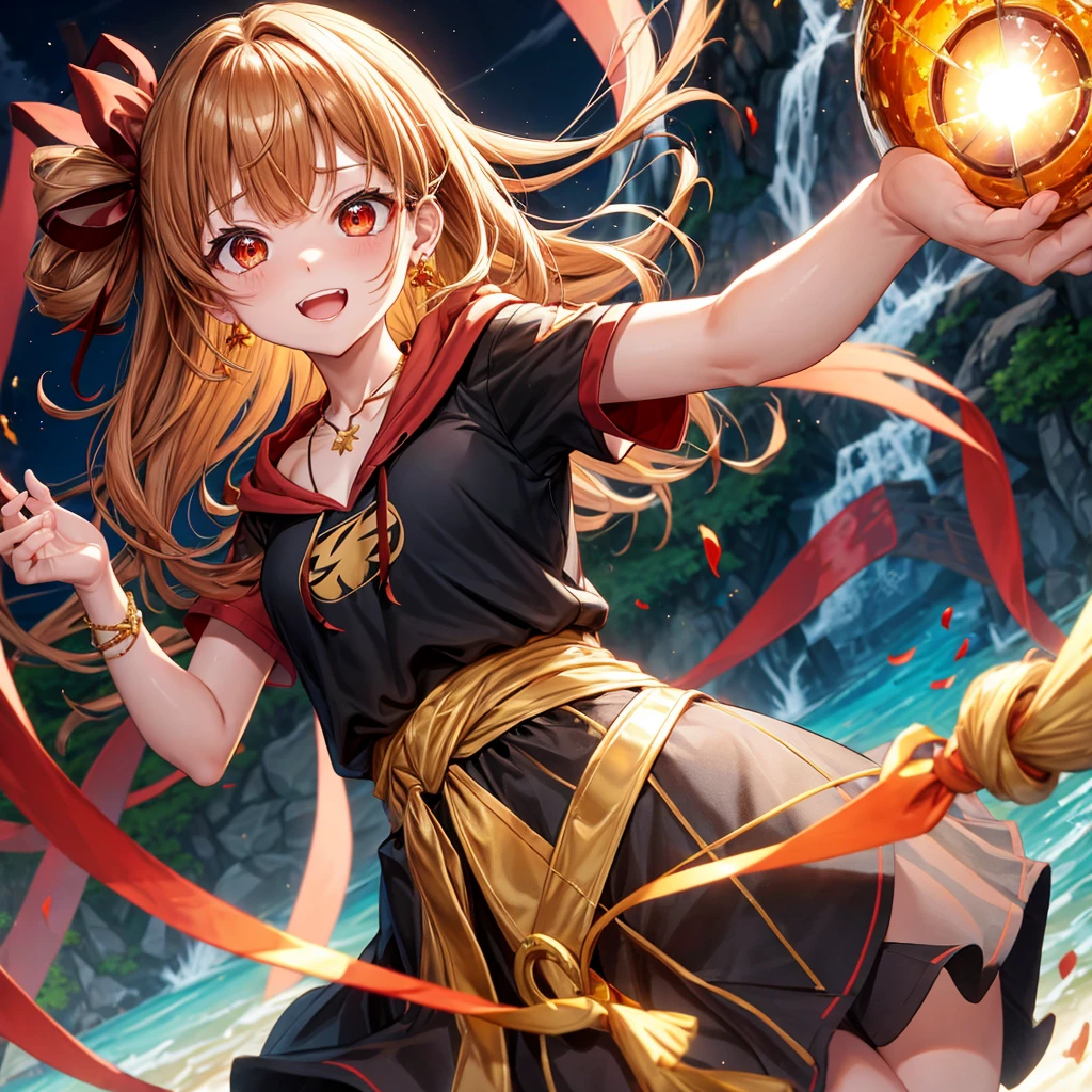 Brown, red, gold, golden hair、Red eyes、One good looking girl、solo、anime、Checkered mini skirt、Black camisole、Black T-shirt、hoodie、Wearing a ribbon、Ribbon on waist、Crystal Earrings、Gemstone Necklace、Light and shadow、Tilting face、Teeth are visible、waterfall、Kuroko、tunnel、pylon、Sunset sky、Towering、frilled lizard、light、flash