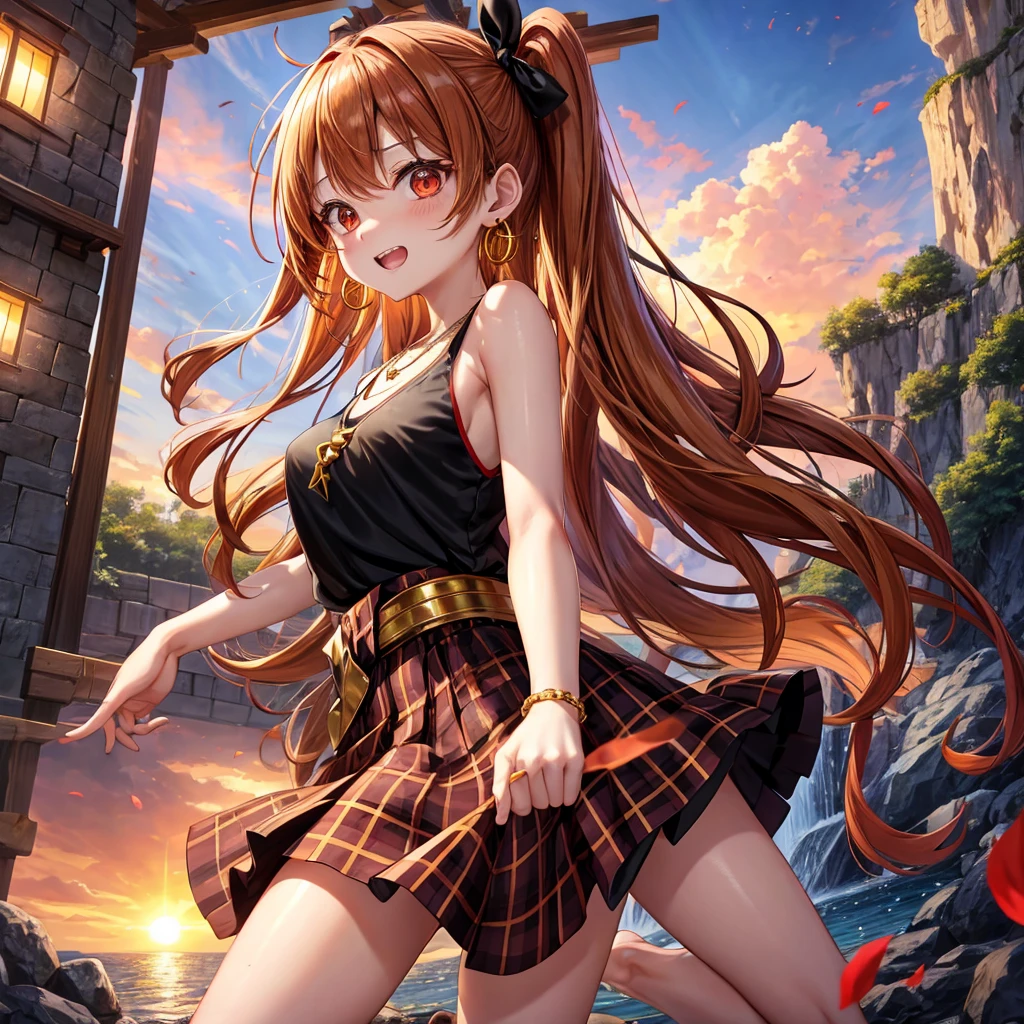 Brown, red, gold, golden hair、Red eyes、One good looking girl、solo、anime、Checkered mini skirt、Black camisole、Black T-shirt、hoodie、Wearing a ribbon、Ribbon on waist、Crystal Earrings、Gemstone Necklace、Light and shadow、Tilting face、Teeth are visible、waterfall、Kuroko、tunnel、pylon、Sunset sky、Towering、frilled lizard、light、flash