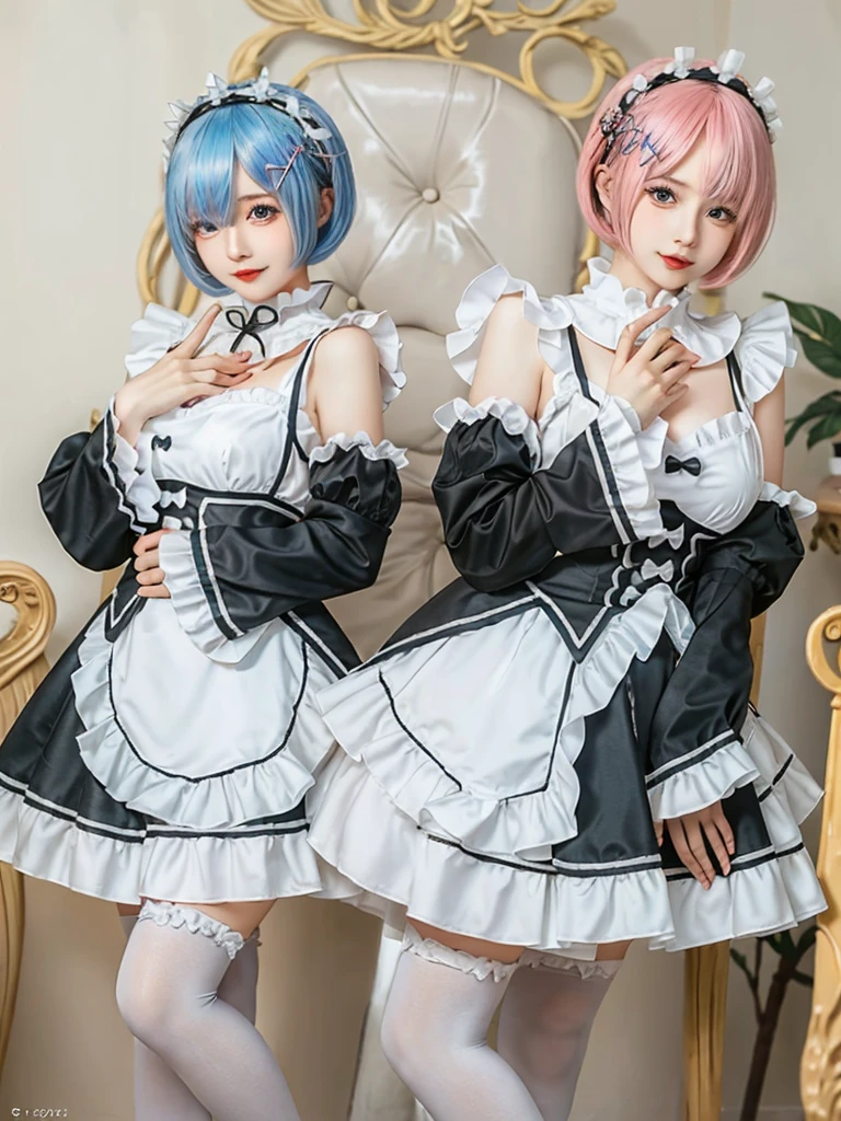 (8K, Photorealistic, Raw photo, of the highest quality: 1.3), (1girl in), Super beautiful, (Realistic face), (boyish, pink Color Berry Shorthair), Beautiful , Glare that captivates the viewer, Beautiful expression, Beautiful breasts, (Realistic skin), Be...Create a detailed and colorful image of Ram and Rem from Re:Zero, standing back-to-back in their maid outfits, with a magical fantasy background、14years old, two girls,cute, perfect face, beautiful, nice body, gothic ta clothes, gothic loliashion, frilly skirt, headdress, necklace, bracelet, knee-high socks, boots, double eyelids, tear bags, Detailed down to the fingers, photo-like description, indoors, dim indoor lighting, one girl is pink hair and short bob, another girl is light blue hair and short bob,standing,whole body, composition that shows the whole body, smiling,The Both of them are wearing the same type of maid outfit,Optimal ratio of 4 fingers and 1 thumb