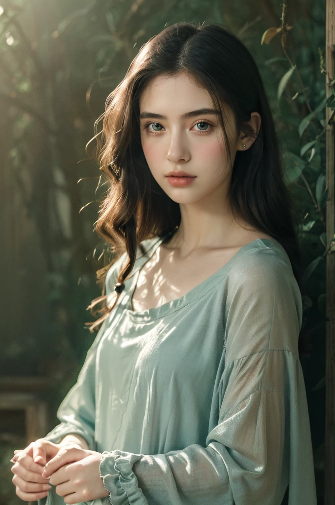 ( masterpiece, top quality, best quality,8k, girl,ultra detailed,raw photo:1.5),(photorealistic:1.4), (cinematic lighting), PerfectNwsjMajic, , Surrealism, UHD, ccurate, Super detail, textured skin, High detail, Best quality, dynamic angle, White skin,[Beautiful blue eyes], high nose,[flat chest:large breasts:0.5],(1girl),(good anatomy:0.5)), Dreamy atmosphere, Dark,expressive brush strokes, mystical ambiance, Artistic interpretation, Stunning Studio Ghibli style costumes, a whimsical illustration, Subtle colors and tones, mystical aura,straight face 