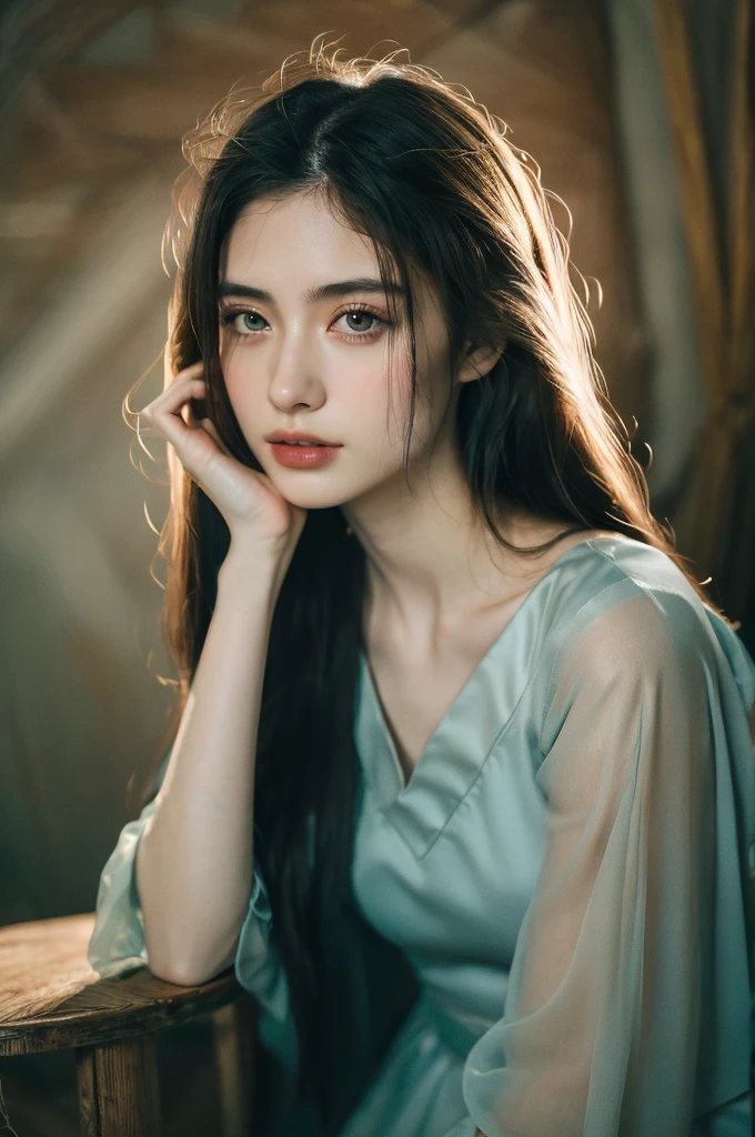 ( masterpiece, top quality, best quality,8k,17 years old girl,ultra detailed,raw photo:1.5),(photorealistic:1.4), (cinematic lighting), PerfectNwsjMajic, , Surrealism, UHD, ccurate, Super detail, textured skin, High detail, Best quality, dynamic angle, White skin,[Beautiful blue eyes], high nose,[flat chest:large breasts:0.5],(1girl),(good anatomy:0.5)), Dreamy atmosphere, Dark,expressive brush strokes, mystical ambiance, Artistic interpretation, Stunning Studio Ghibli style costumes, a whimsical illustration, Subtle colors and tones, mystical aura,straight face 