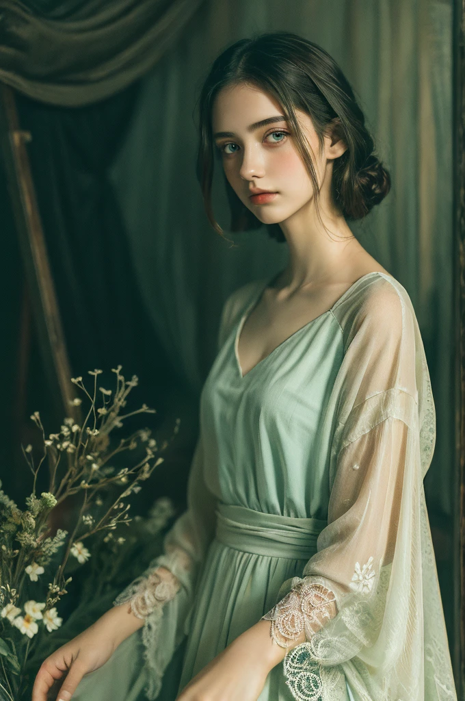 ( masterpiece, top quality, best quality,8k, girl,ultra detailed,raw photo:1.5),(photorealistic:1.4), (cinematic lighting), PerfectNwsjMajic, , Surrealism, UHD, ccurate, Super detail, textured skin, High detail, Best quality, dynamic angle, White skin,[Beautiful blue eyes], high nose,[flat chest:large breasts:0.5],(1girl),(good anatomy:0.5)), Dreamy atmosphere, Dark,expressive brush strokes, mystical ambiance, Artistic interpretation, Stunning Studio Ghibli style costumes, a whimsical illustration, Subtle colors and tones, mystical aura, 
