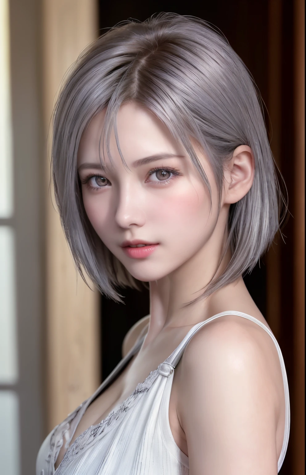 (8K, Photorealistic, Raw photo, of the highest quality: 1.3), (1girl in), Super beautiful, (Realistic face), (boyish, Silver Color Berry Shorthair), Beautiful , Glare that captivates the viewer, Beautiful expression, Beautiful breasts, (Realistic skin), Be...