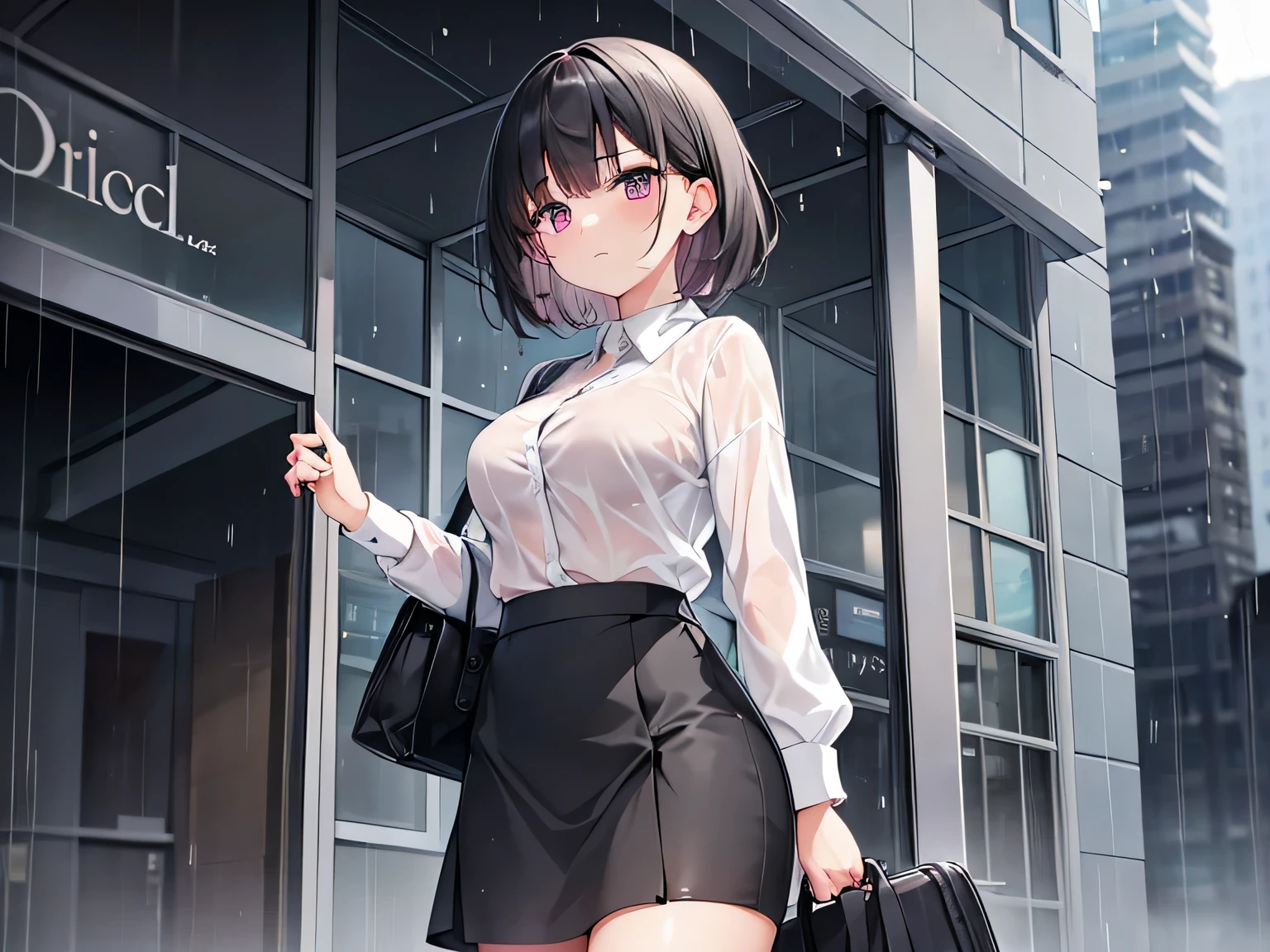 (Masterpiece, top quality, high resolution, realistic photo, realistic looking skin:1.1),
(Please give me an upper body close-up composition picture of her:1.8),
(She is standing under the roof of a building in the rain, sheltering from the rain:1.8),
(She has a troubled expression: 1.5),
(She is wearing a white cutter shirt and her pink bra is transparent because it is wet from the rain: 1.8),
(She is wearing a tight charcoal gray skirt: 1.8),
(She is wearing black pumps on her feet:1.5),
(She has medium black hair: 1.5),
(She has one travel bag: 1.5),
(Location is a business district on a rainy night:1.5),
1 Japanese girl, solo, full bodied esbian, beautiful eyes, glowing eyes, glowing thighs, NSFW