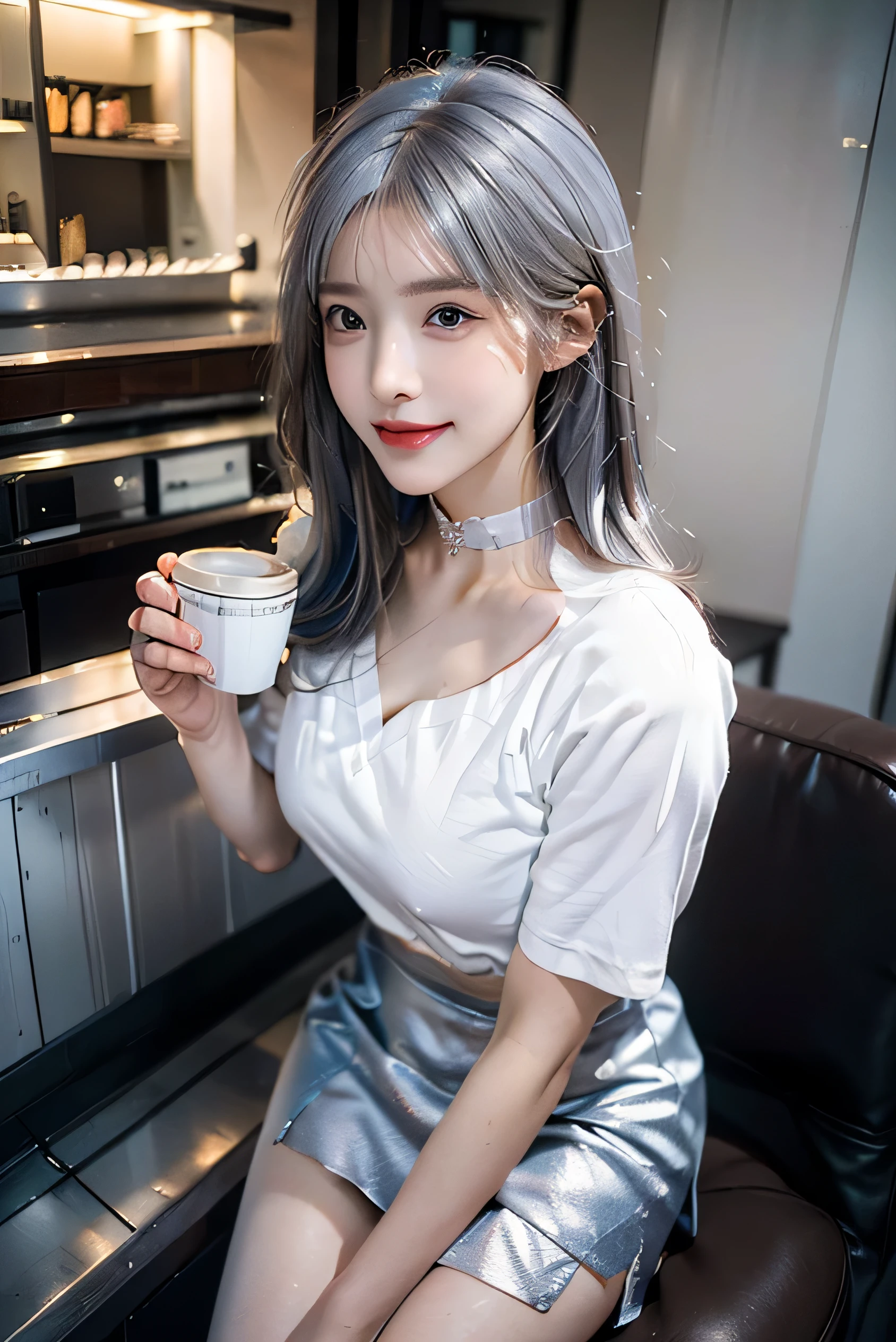 (Photorealistic:1.8, highest quality:1.8,8K masterpiece:1.8,High resolution,Mastepiece:1.8,RAW Photos,Cinematic lighting),No split screen、morning、Cafe、(A girl carrying coffee:1.5)、(Soryu Asuka Langley)、Top view、 (Completely naked、choker、Medium chest、White Shirt、OL affairs uniform、mini skirt、Wide open chest、Beautiful thighs、Plump nipples)、 (Beautiful, shining red, blue, white, brown and silver hair:1.5)、Sparkling Blue Eyes、Fine Lines、greet、Smile、Say hi and wave、holding a coffee cup