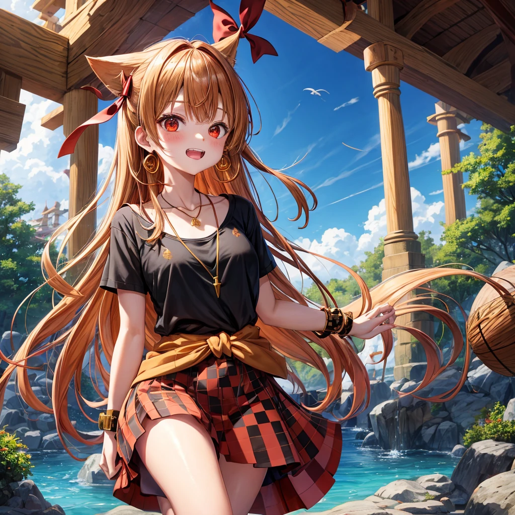 Brown, red, gold, golden hair、Red eyes、One good looking girl、solo、anime、Checkered mini skirt、Black camisole、Black T-shirt、hoodie、Wearing a ribbon、Ribbon on waist、Crystal Earrings、Gemstone Necklace、Light and shadow、Tilting face、Teeth are visible、waterfall、Kuroko、tunnel、pylon、Sunset sky、Towering、frilled lizard、light、flash