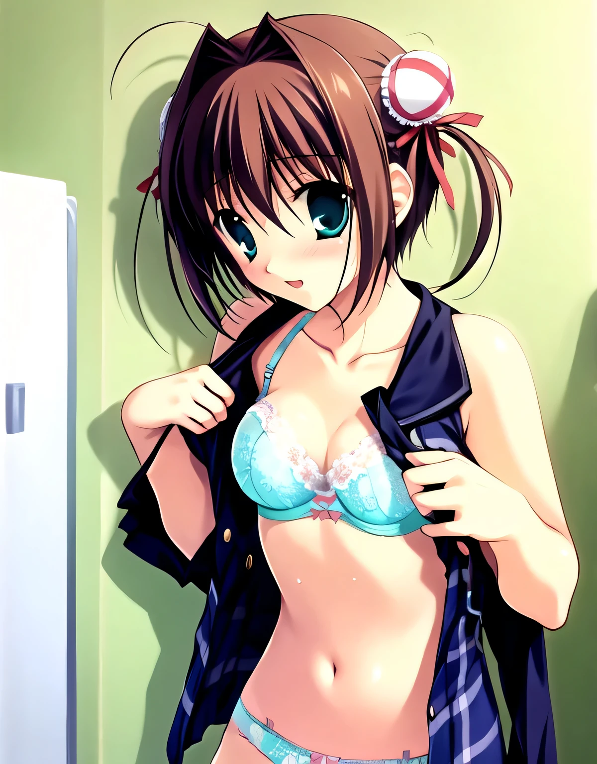 asakura_yume,１People Women,Brown Hair,Medium Chest,Aqua Eye,White skin,Lace Underwear,Lace Bra,Are standing,School changing room,((look away)),((Turn your body sideways)),((Unhook your bra)),