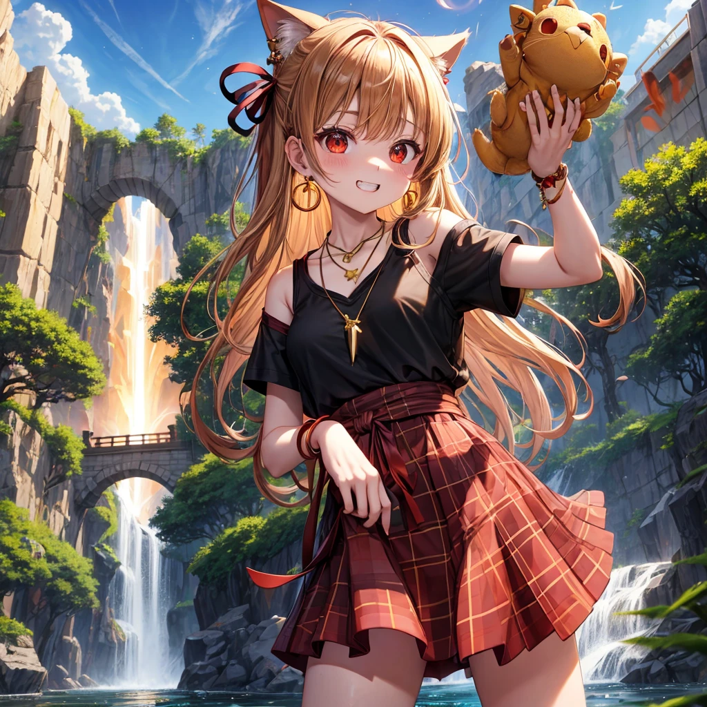 Brown, red, gold, golden hair、Red eyes、One good looking girl、solo、anime、Checkered mini skirt、Black camisole、Black T-shirt、hoodie、Wearing a ribbon、Ribbon on waist、Crystal Earrings、Gemstone Necklace、Light and shadow、Tilting face、Teeth are visible、waterfall、Kuroko、tunnel、pylon、Sunset sky、Towering、frilled lizard、light、flash