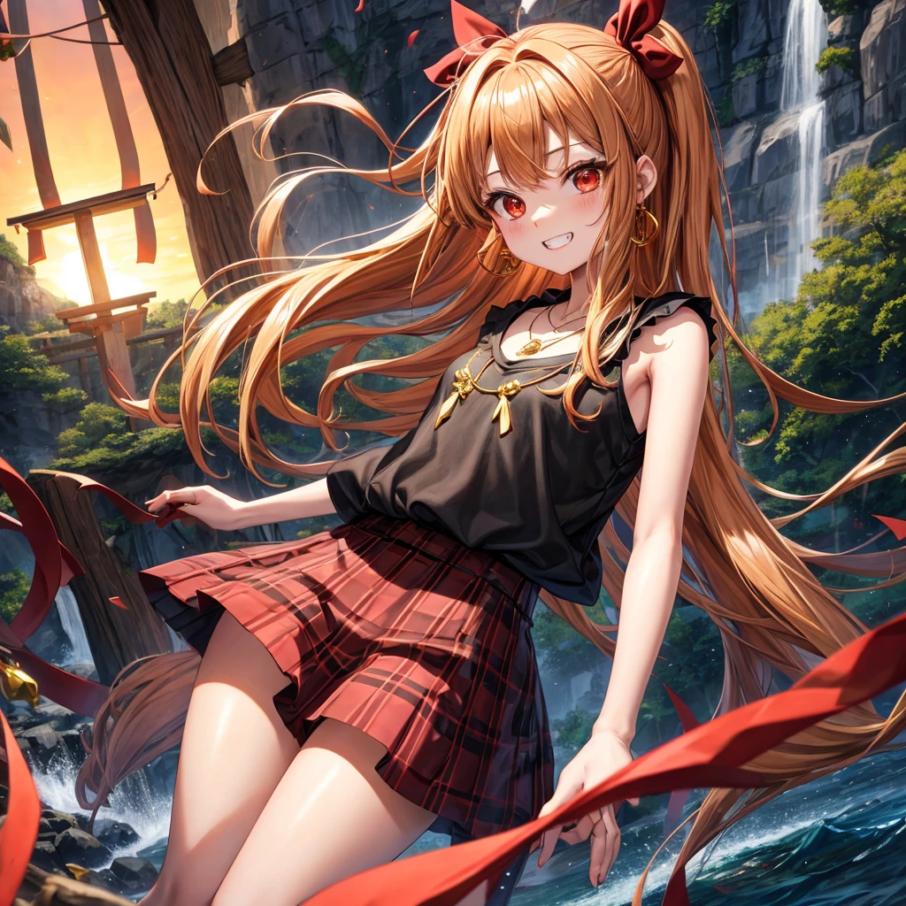 Brown, red, gold, golden hair、Red eyes、One good looking girl、solo、anime、Checkered mini skirt、Black camisole、Black T-shirt、hoodie、Wearing a ribbon、Ribbon on waist、Crystal Earrings、Gemstone Necklace、Light and shadow、Tilting face、Teeth are visible、waterfall、Kuroko、tunnel、pylon、Sunset sky、Towering、frilled lizard、light、flash