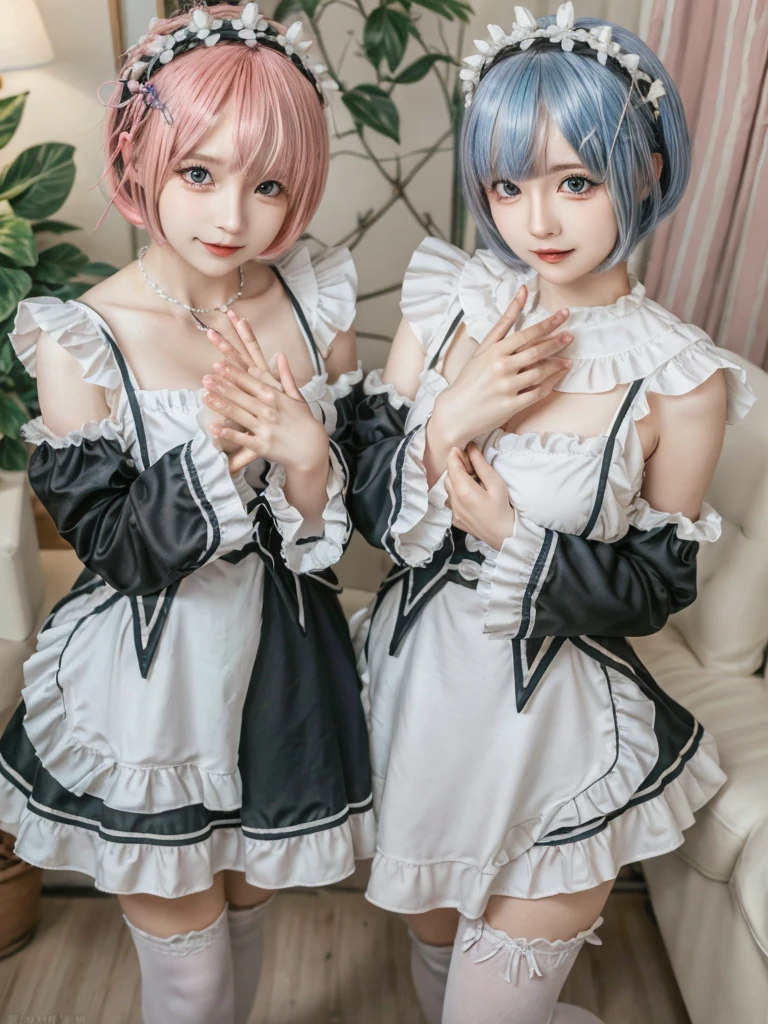 (8K, Photorealistic, Raw photo, of the highest quality: 1.3), (1girl in), Super beautiful, (Realistic face), (boyish, pink Color Berry Shorthair), Beautiful , Glare that captivates the viewer, Beautiful expression, Beautiful breasts, (Realistic skin), Be...Create a detailed and colorful image of Ram and Rem from Re:Zero, standing back-to-back in their maid outfits, with a magical fantasy background、14years old, two girls,cute, perfect face, beautiful, nice body, gothic lolita clothes, gothic lolita fashion, frilly skirt, headdress, necklace, bracelet, knee-high socks, boots, double eyelids, tear bags, Detailed down to the fingers, photo-like description, indoors, dim indoor lighting, one girl is pink hair and short bob, another girl is light blue hair and short bob,standing,whole body, composition that shows the whole body, smiling,The Both of them are wearing the same type of maid outfit,Optimal ratio of 4 fingers and 1 thumb