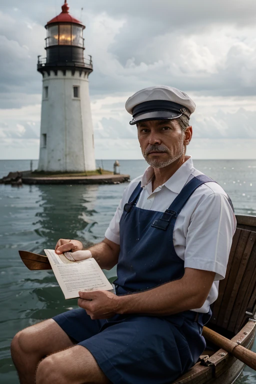 postman, leaning on the oars, rows up to the lighthouse and angrily hands the lighthouse keeper a letter