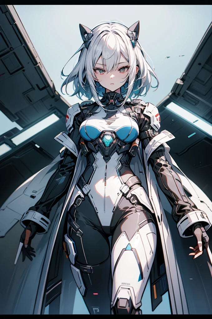 (one anime girl, glasses, white short hair, huge breasts, white futuristic suit, watching on viewer, shy pose), ((white background)),(((in full growth,full body)))
