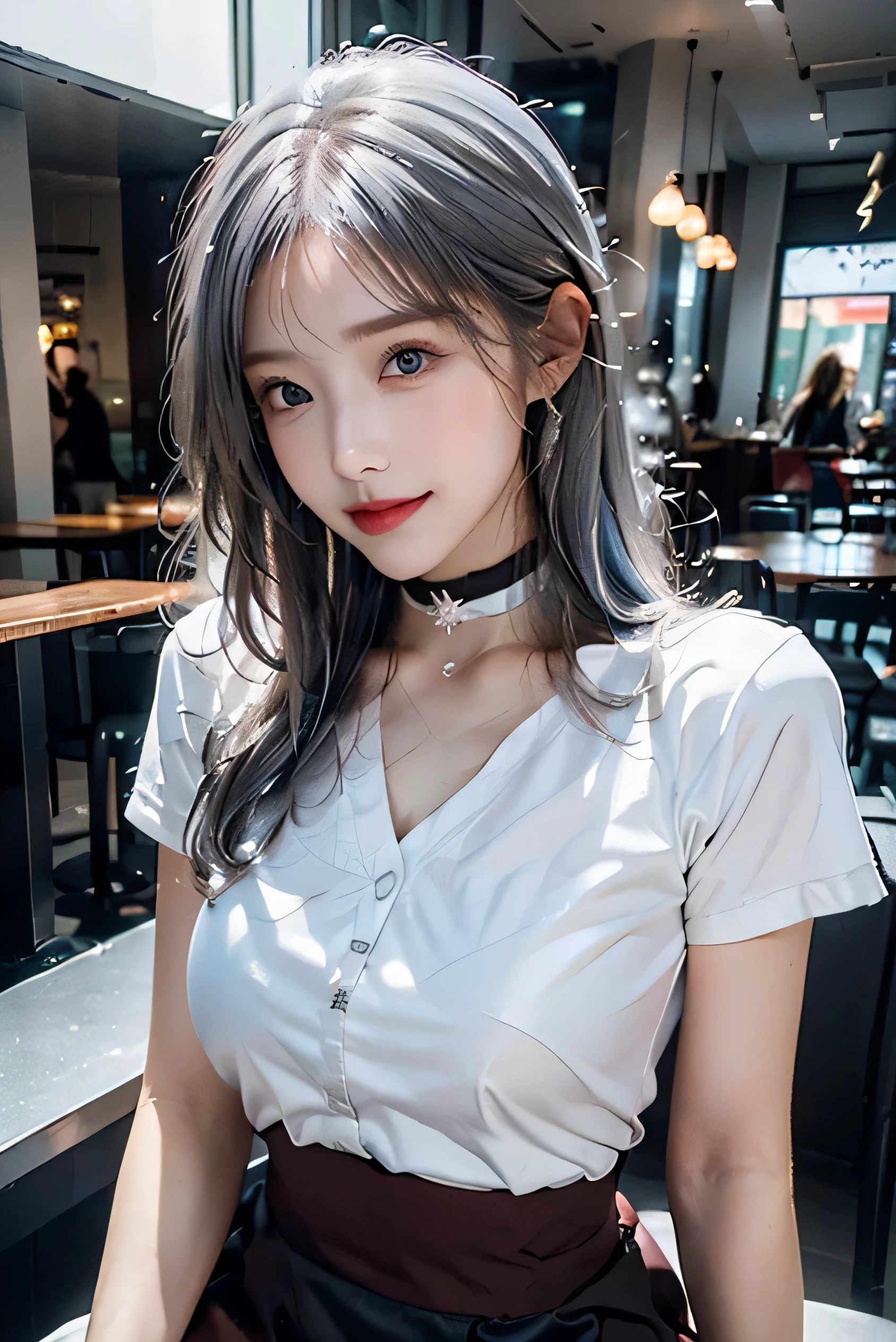 (Photorealistic:1.8, highest quality:1.8,8K masterpiece:1.8,High resolution,Mastepiece:1.8,RAW Photos,Cinematic lighting),No split screen、morning、Cafe、(A girl waving her hand:1.5)、(Soryu Asuka Langley)、View from the front、
(Completely naked、choker、Medium chest、White Shirt、OL affairs uniform、mini skirt、Wide open chest、Beautiful thighs、Plump nipples)、
(Beautiful, shining red, blue, white, brown and silver hair:1.5)、Sparkling Blue Eyes、Fine Lines、greet、Smile、holding a coffee cup