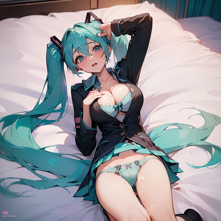 ((Hatsune Miku)), ((huge breasts 1.8)), ((((Emphasize the cleavage 1.3)))), ((((((high school girl uniform 1.9)))))), ((lift up the skirt)),((Lying on bed 1.5)),(no bra),(From Above),(((((Show Panties))))),panting with excitement,((((cum on breast 1.5))))