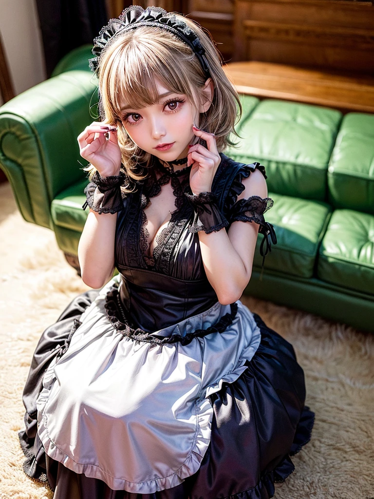 (8K, Photorealistic, Raw photo, of the highest quality: 1.3), (1girl in), Super beautiful, (Realistic face), (boyish, Silver Color Berry Shorthair), Beautiful , Glare that captivates the viewer, Beautiful expression, Beautiful breasts, (Realistic skin), Be...Super high quality, super high definition, super detailed, masterpiece, 20years old, female, cute, perfect face, beautiful, nice body, gothic ta clothes, gothic loliashion, frilly skirt, headdress, necklace, bracelet, knee-high socks, boots, double eyelids, tear bags, Detailed down to the fingers, photo-like description, indoors, dim indoor lighting, blonde hair, short bob, standing, whole body, composition that shows the whole body, smiling
