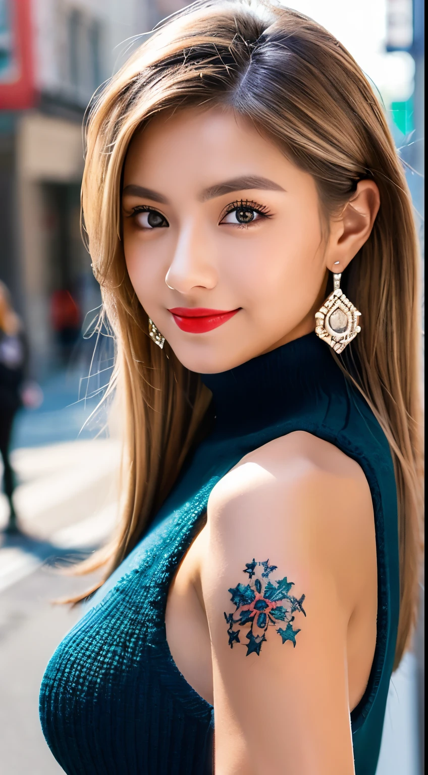 Urban beautiful girl college student, masterpiece, light makeup, red lips, silver hair, messy long hair, street background, beautiful, elegant. super fine details, master works, authentic texture, cinematic lighting realism, perfect job, 16K, hd, exquisite features,blue eyes、japanese idol、Beautiful Face、cute smile、brown hair、beautiful hair、ponytail、glamorous、 big breasts、erect nipples、Oily muscle、shiny skin、tanned skin、Black glowing skin、Sexy knitted sweaters, bright big eyes, smooth skin, earrings, necklace, tattoo