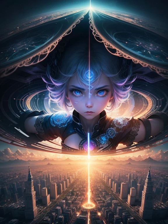 Create an image of a city surrounded by some supernatural phenomenon., Reality bends and twists around., dissolve, And the ever-changing layers of patterns and fractals reflect her struggle with the illusions of perception in the quest for a more complete truth..