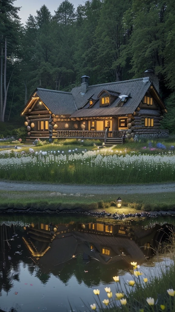 Countryside at night,Winding cobblestone roads(1.4),The roadside is overgrown with flowers(1.2)。There is a log cabin in the distance,The lights inside the house shine through the windows in the pond behind the house。Fireflies land on flowers。(Complex design,Hyper-detailing:1.2),(tmasterpiece,best qualtiy),hyper HD,32K --v 6