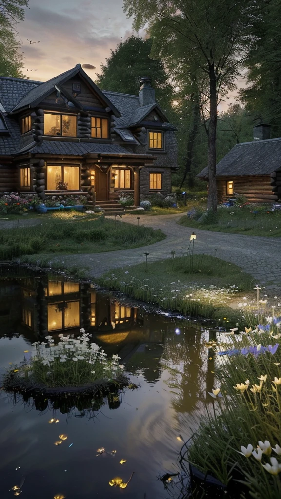 Countryside at night,Winding cobblestone roads(1.4),The roadside is overgrown with flowers(1.2)。There is a log cabin in the distance,The lights inside the house shine through the windows in the pond behind the house。Fireflies land on flowers。(Complex design,Hyper-detailing:1.2),(tmasterpiece,best qualtiy),hyper HD,32K --v 6