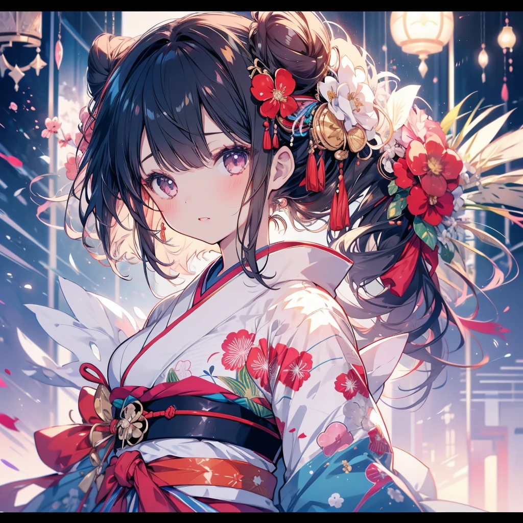 1 girl in, jpn, kimono, Have a fan, Bun, Beautiful fece, delicate, kawaii, A dark-haired, Slender eyes, ((head to waist)), Masterpiece, top-quality, An ultra-high picture quality