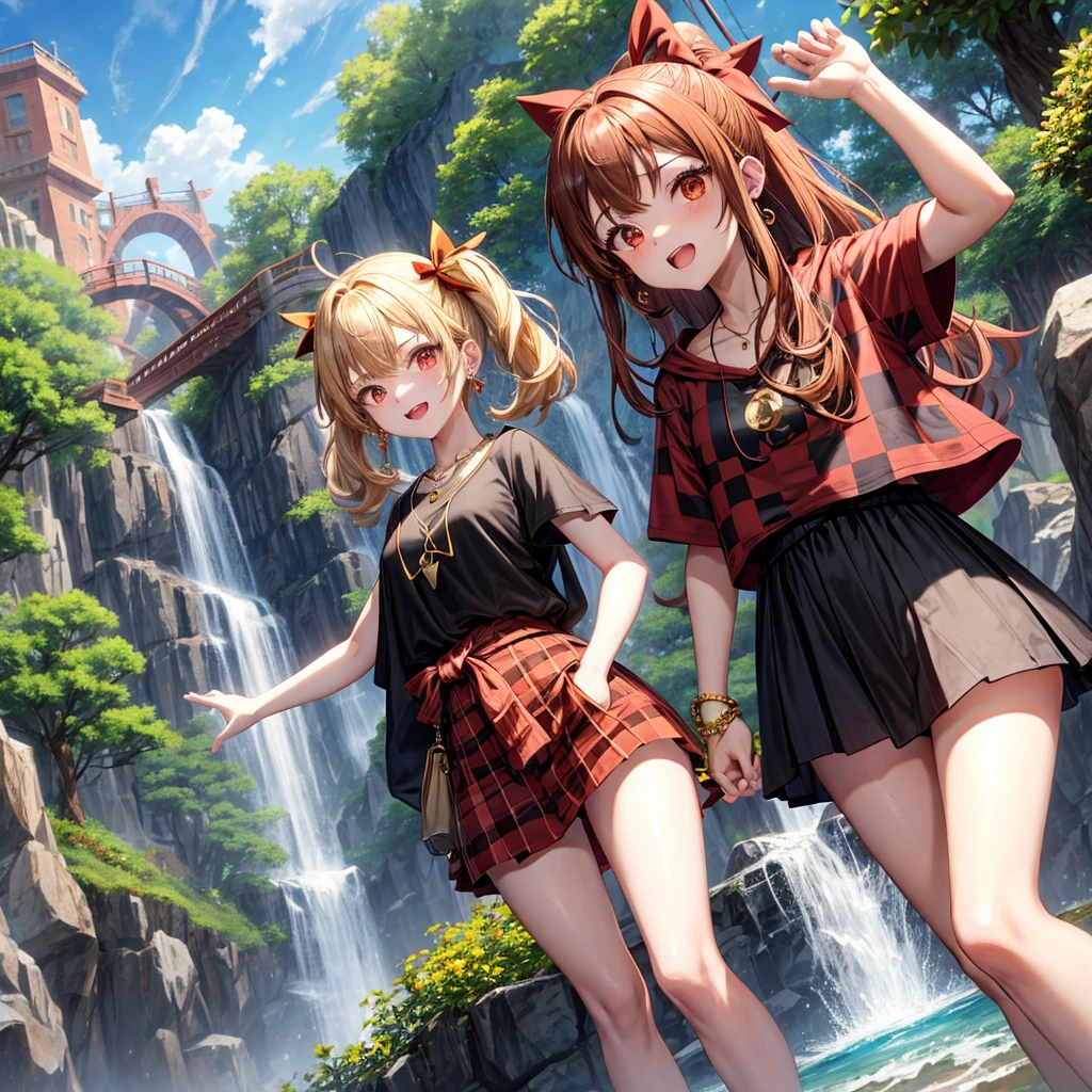 Brown, red, gold, golden hair、Red eyes、One good looking girl、solo、anime、Checkered mini skirt、Black camisole、Black T-shirt、hoodie、Wearing a ribbon、Ribbon on waist、Crystal Earrings、Gemstone Necklace、Light and shadow、Tilting face、Teeth are visible、waterfall、Kuroko、tunnel、pylon、Sunset sky、Towering、frilled lizard、light、flash