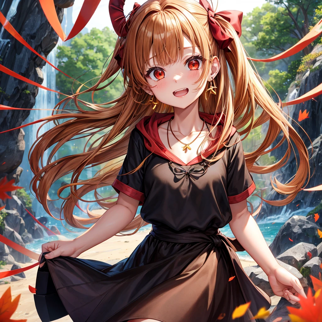 Brown, red, gold, golden hair、Red eyes、One good looking girl、solo、anime、Checkered mini skirt、Black camisole、Black T-shirt、hoodie、Wearing a ribbon、Ribbon on waist、Crystal Earrings、Gemstone Necklace、Light and shadow、Tilting face、Teeth are visible、waterfall、Kuroko、tunnel、pylon、Sunset sky、Towering、frilled lizard、light、flash