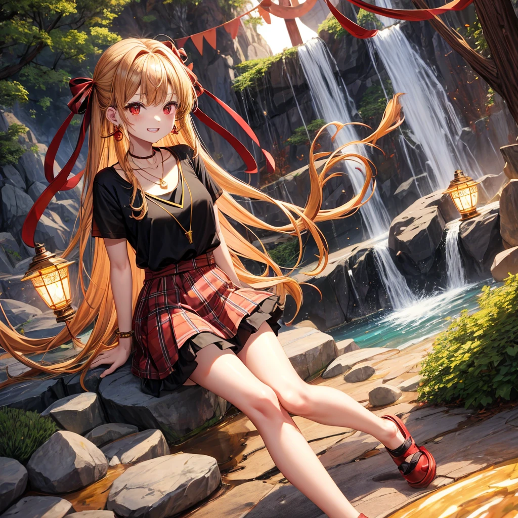 Brown, red, gold, golden hair、Red eyes、One good looking girl、solo、anime、Checkered mini skirt、Black camisole、Black T-shirt、hoodie、Wearing a ribbon、Ribbon on waist、Crystal Earrings、Gemstone Necklace、Light and shadow、Tilting face、Teeth are visible、waterfall、Kuroko、tunnel、pylon、Sunset sky、Towering、frilled lizard、light、flash
