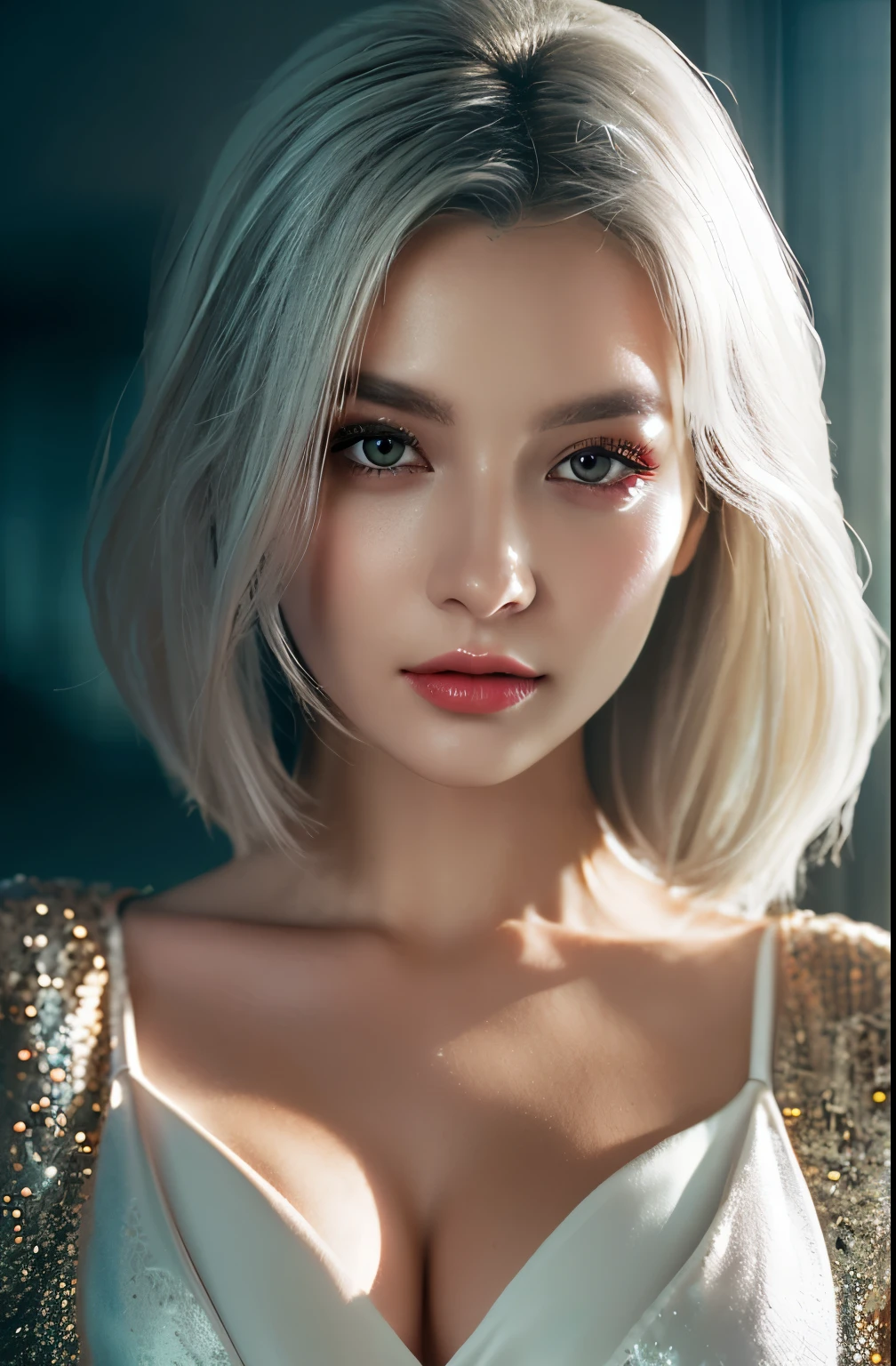 top-quality、8K Masterpiece、超A high resolution、(Photorealsitic:1.3)、Raw photo、1 girl、silver white hair、glowy skin、1 Cyberpunk Super Beautiful Soldier、((super realistic details))、portlate、globalillumination、Shadow、octan render、8K、ultrasharp、beauty breast、Raw skin is exposed in cleavage、metals、cold color、、highly intricate detail、Realistic light、CGSoation Trends、Beautiful eyes、radiant eyes、Facing the camera、neon details、