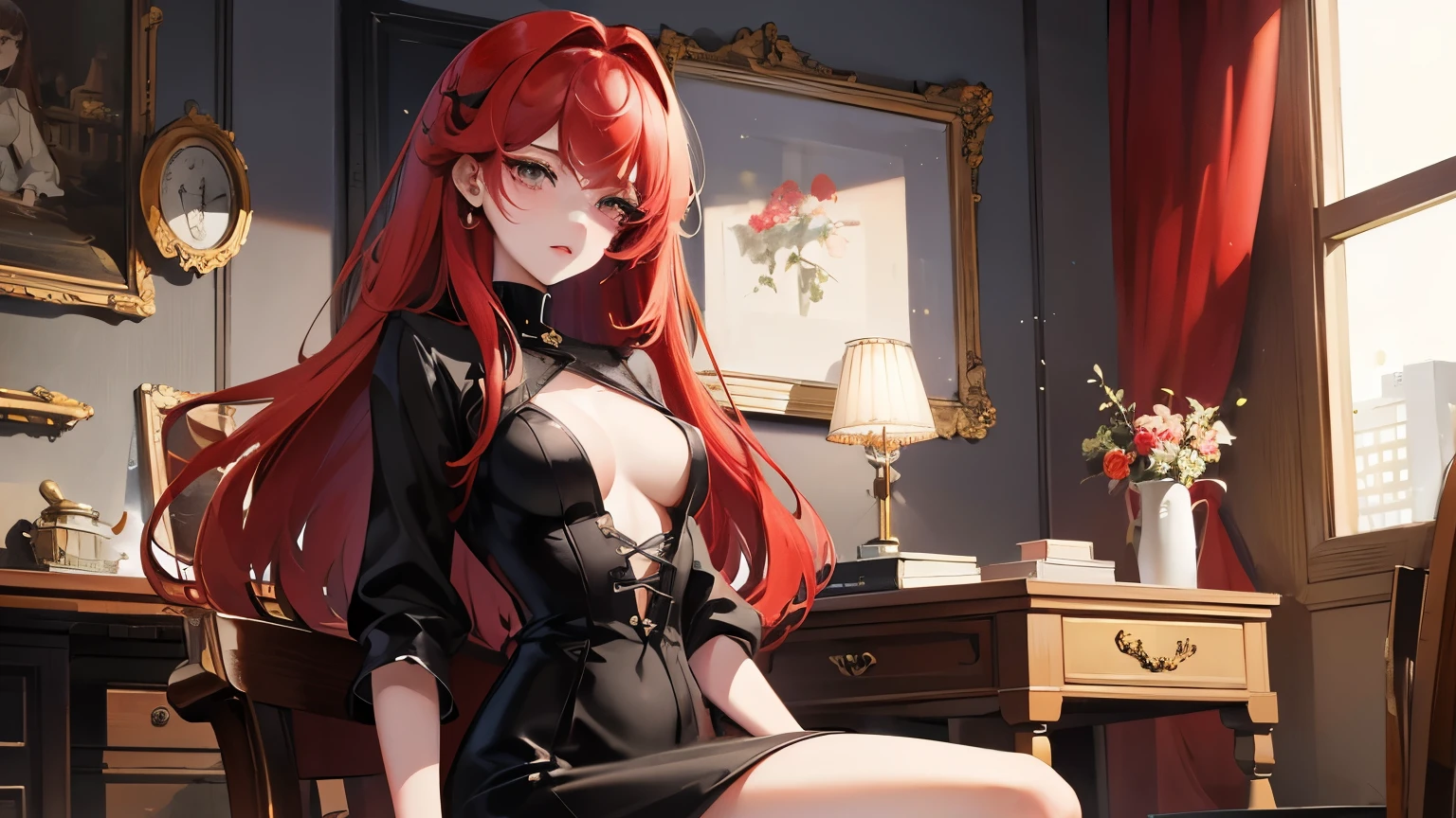red long hair, masterpiece work, best quality, high resolution;,Improved detail,best quality,Perfect image quality,beautiful and sexy, first person view, small spots under the eyes , pretty, 큰 chest, 8K, ,chest 크게, pure white skin, chest, Beloved, excitement, beautiful, My heart is pounding, red hair, glamour, girl friend, Gray-eyed pupils,hip, glamour, big breast, Sitting cross-legged, sitting on a chair, Queen, Overlooking, sole, superior, black dress, Sneering,