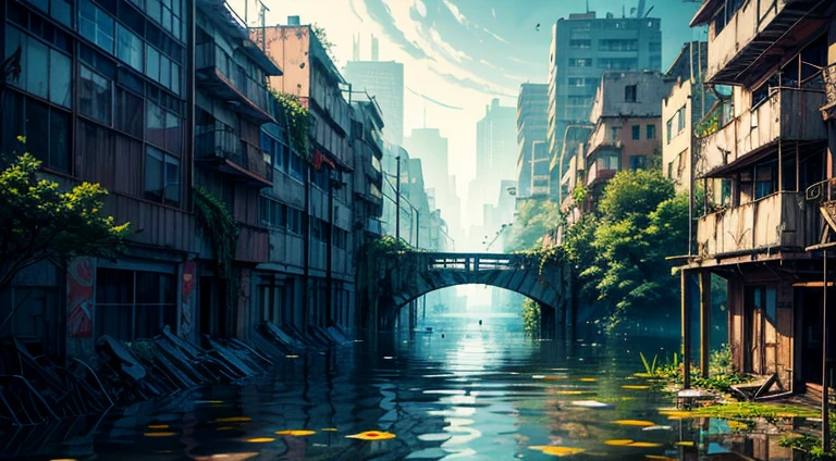 "Creepy, Post-apocalyptic cityscape and dilapidated buildings, flooded road, and nature reclaims its territory. Partially sunken city, Create a surreal scene with underwater plants."